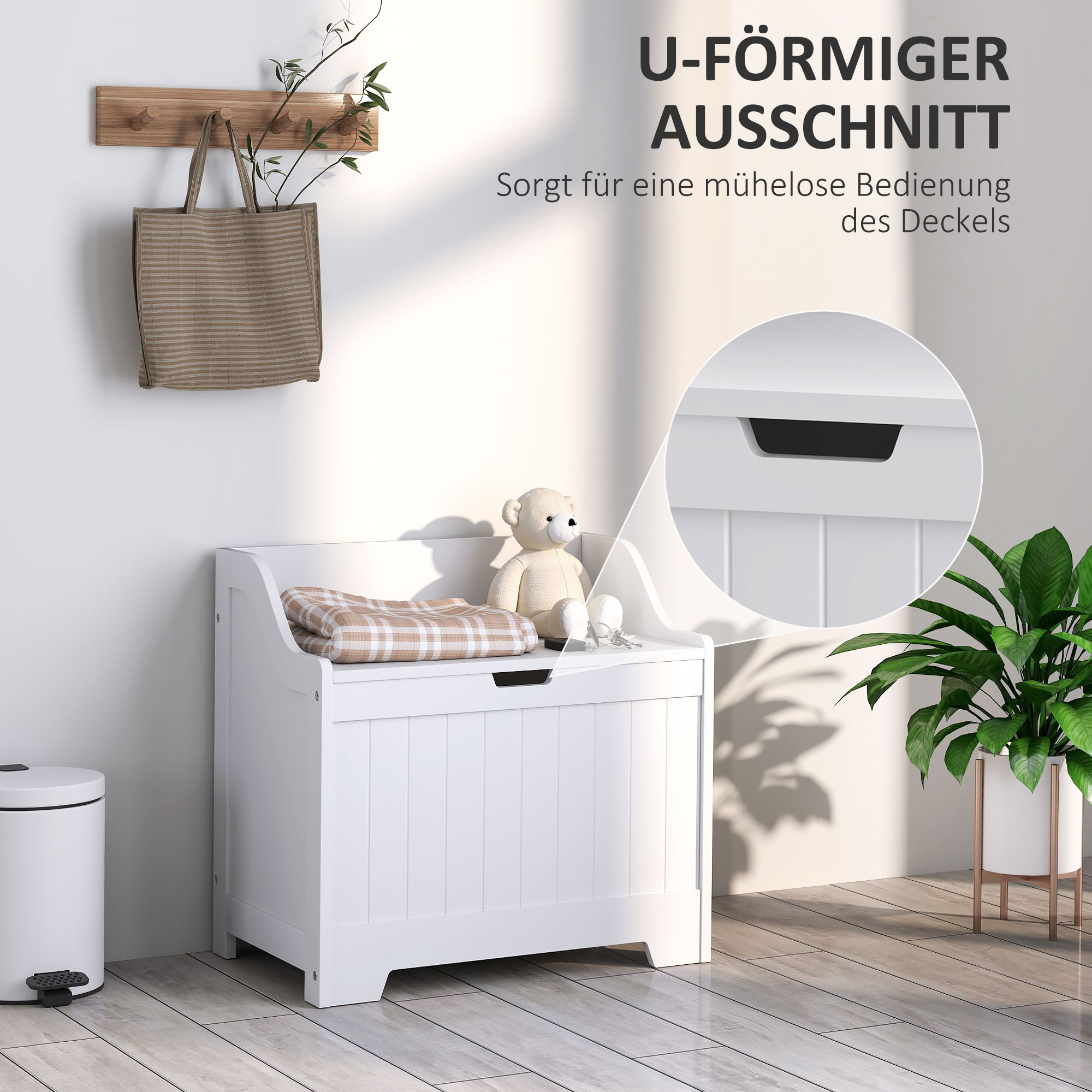 Aufbewahrungstruhe, Holzkiste mit Deckel, viel Stauraum, modernes Design, Weiß