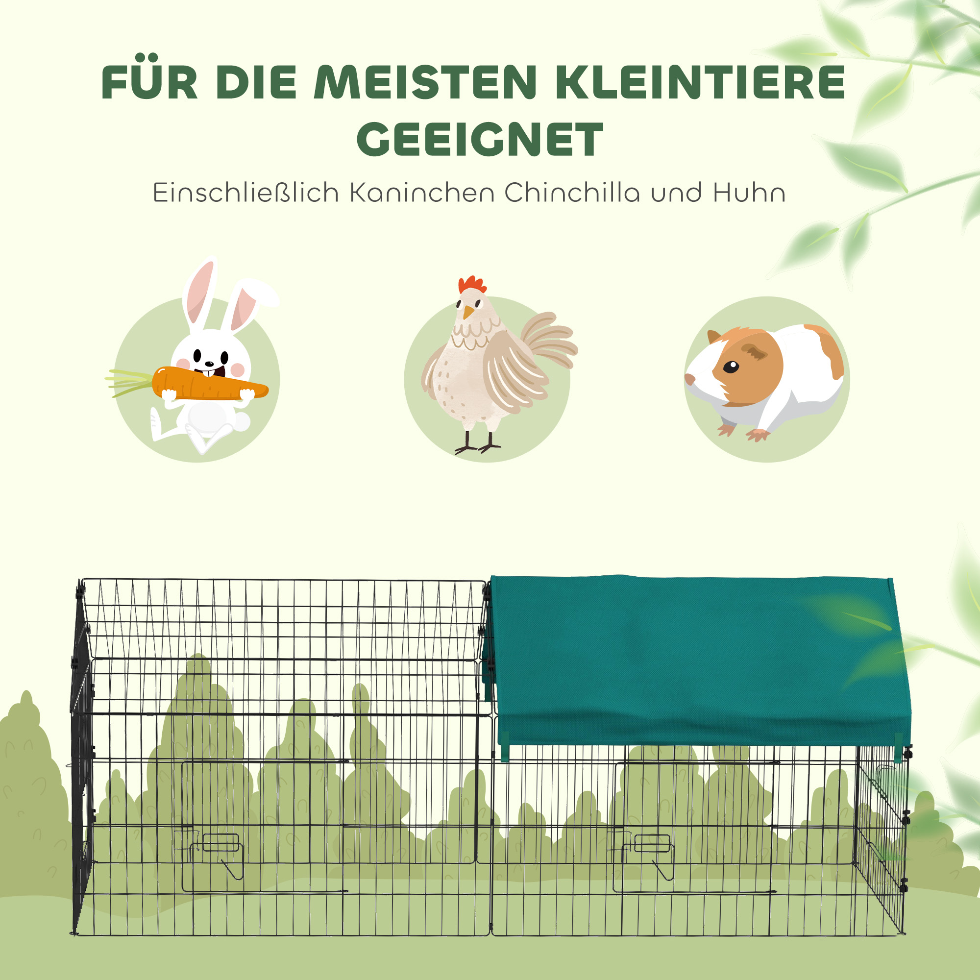 Kleintiergehege mit Dach, 4 Türen, wetterfest, Stahl/Polyester, 185x75x75cm, Schwarz/Grün