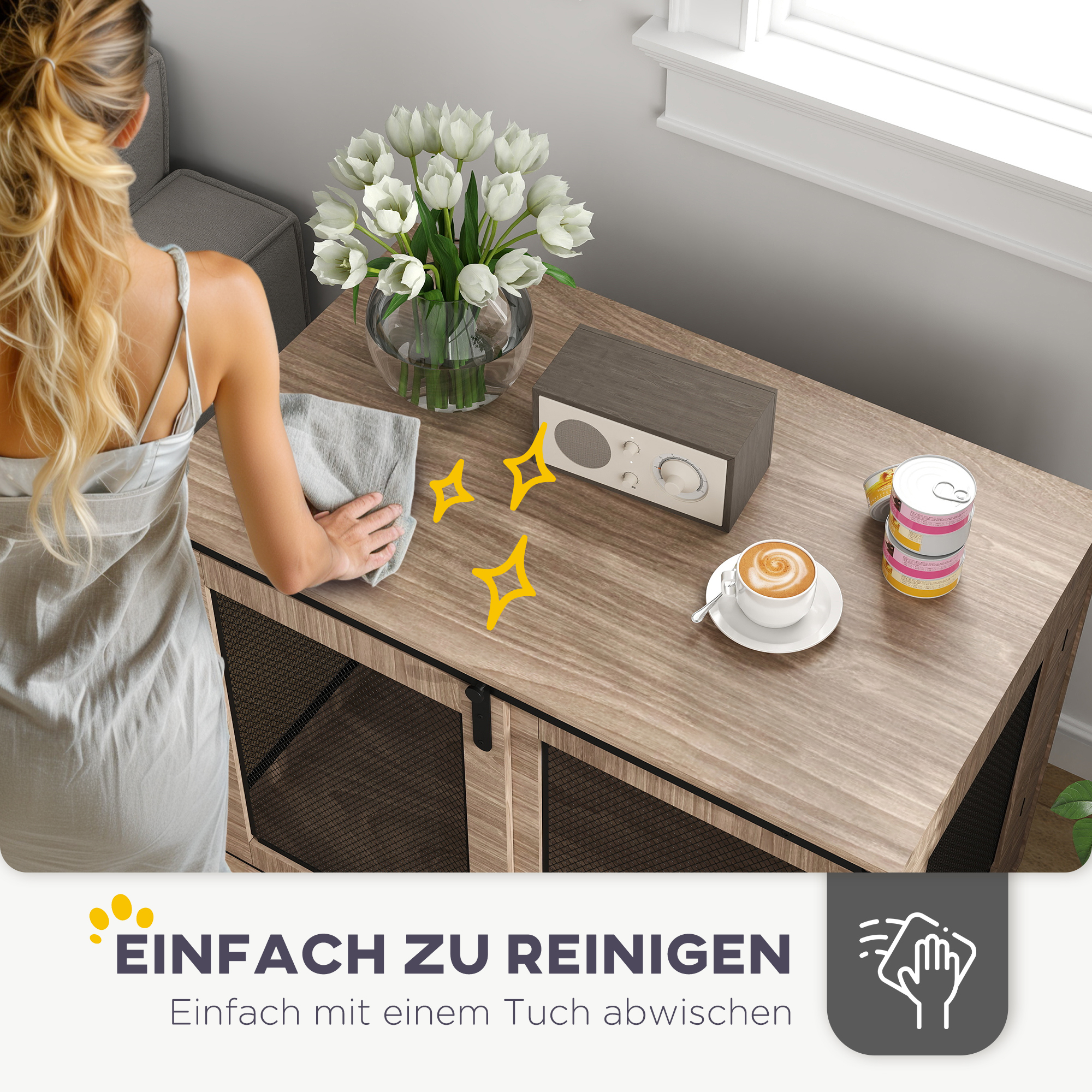 Hundebox, Transportbox für Hunde, Rückzugsbox für Haustiere, verschließbare Türen, 98 x 60 x 78 cm, Hellbraun