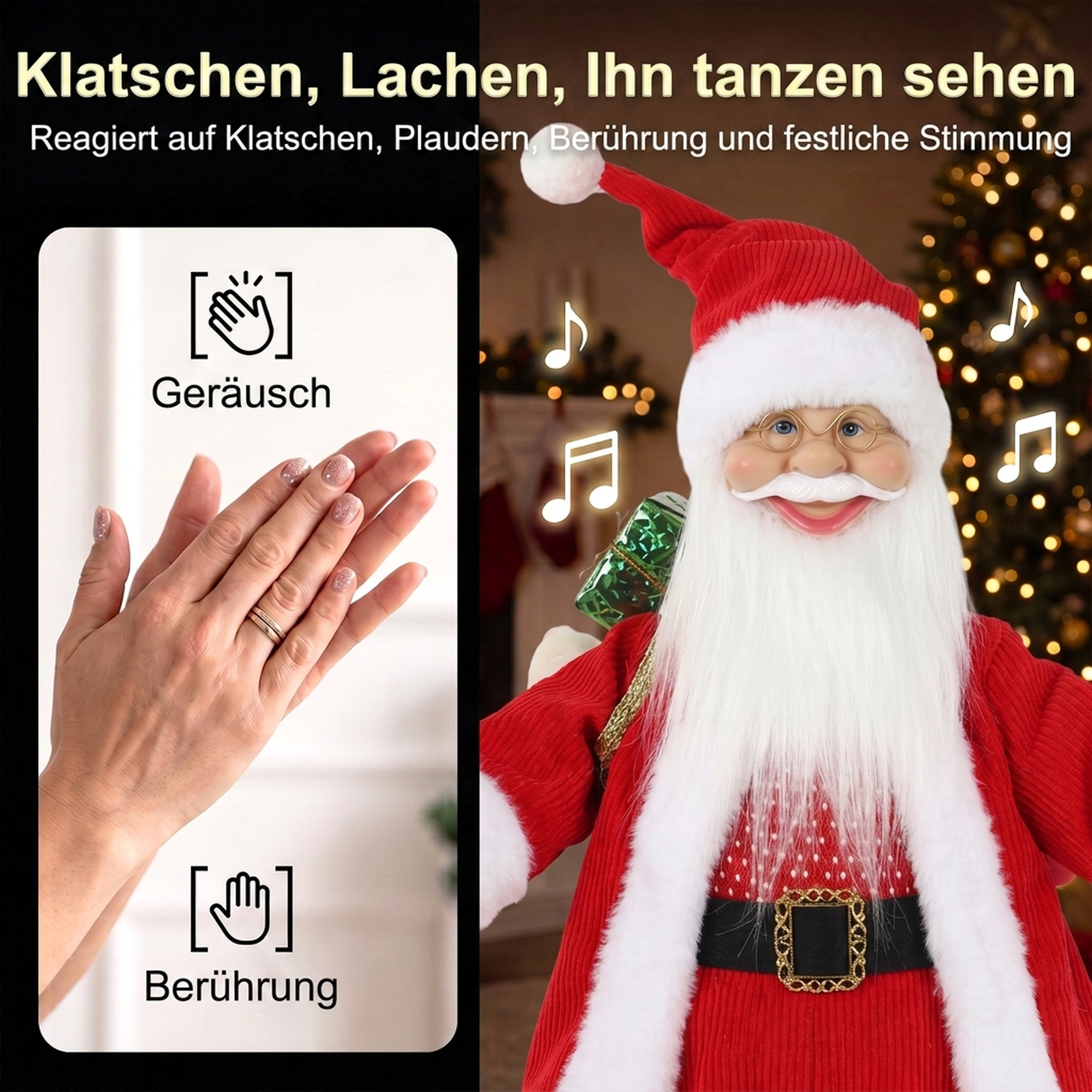 Singender Ski-Weihnachtsmann, 66 cm, animierte stehende Weihnachtsfigur mit Skiern, Geschenkesack und Geräusch-/Berührungsaktivierung