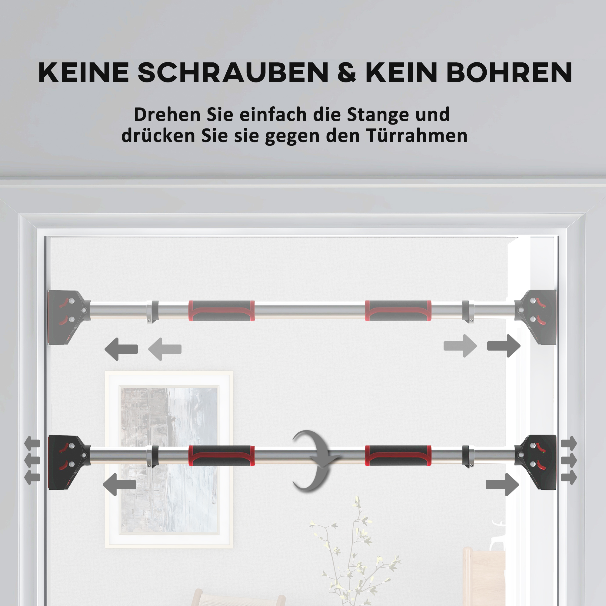 Klimmzugstange für Türrahmen, verstellbar, ohne Bohren, Stahl, bis 200 kg, 75-92 x 10 x 7 cm, Schwarz/Rot