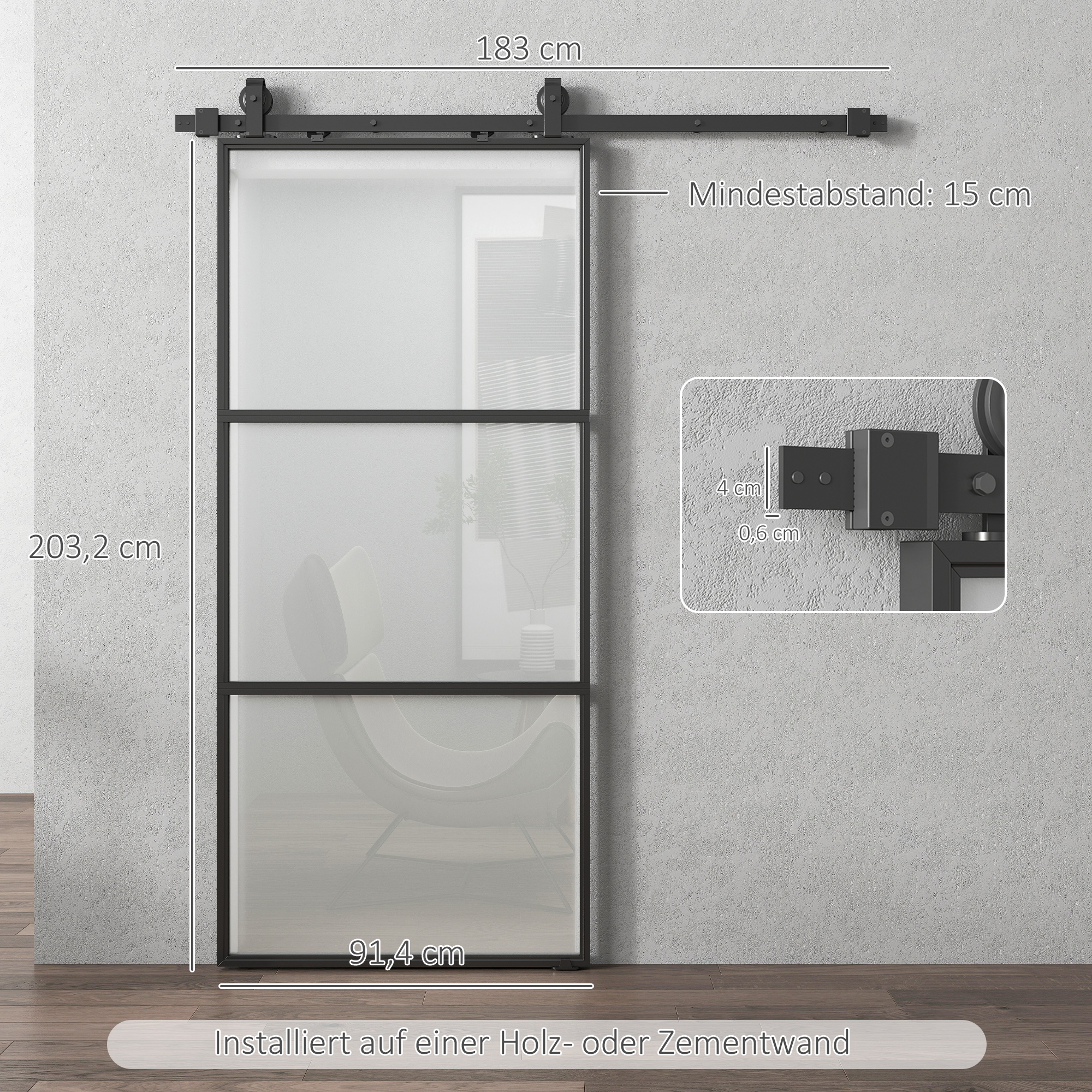 Schiebetür mit Milchglas, Schienensystem, Montagesatz, Soft-Close-Mechanismus, leichter Zusammenbau, Stahl, Schwarz