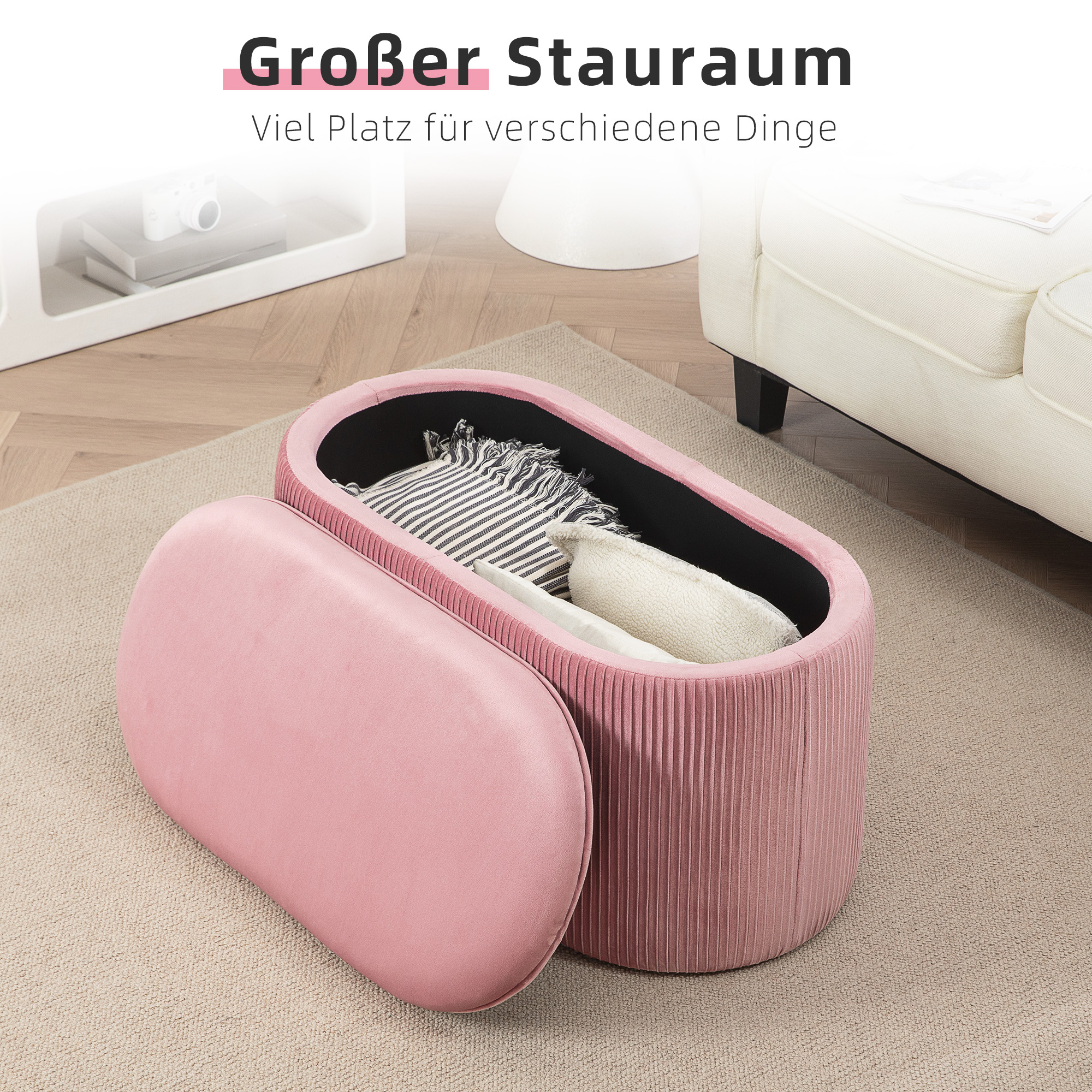 Sitzbank Bank mit Stauraum Polsterbank Ottomane, Retrodesign, Samtoptik, 81 cm x 40 cm x 41 cm, Altrosa