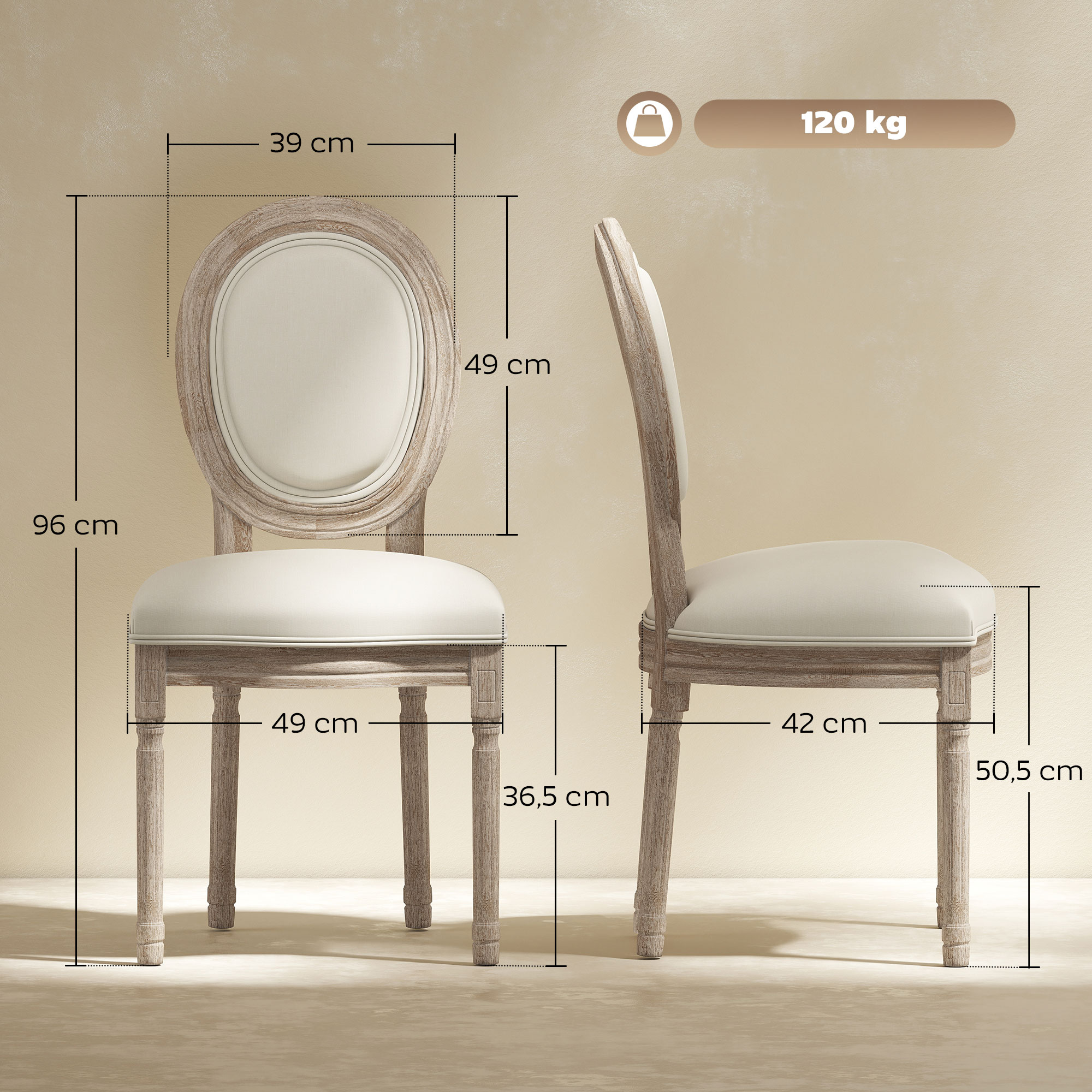Esszimmerstühle 2er Set Küchenstuhl mit Rückenlehne, Linenoptik, Sessel Polsterstuhl, Stühle, Wohnzimmerstuhl mit Holzbeine für Esstisch, Cremeweiß+Natur