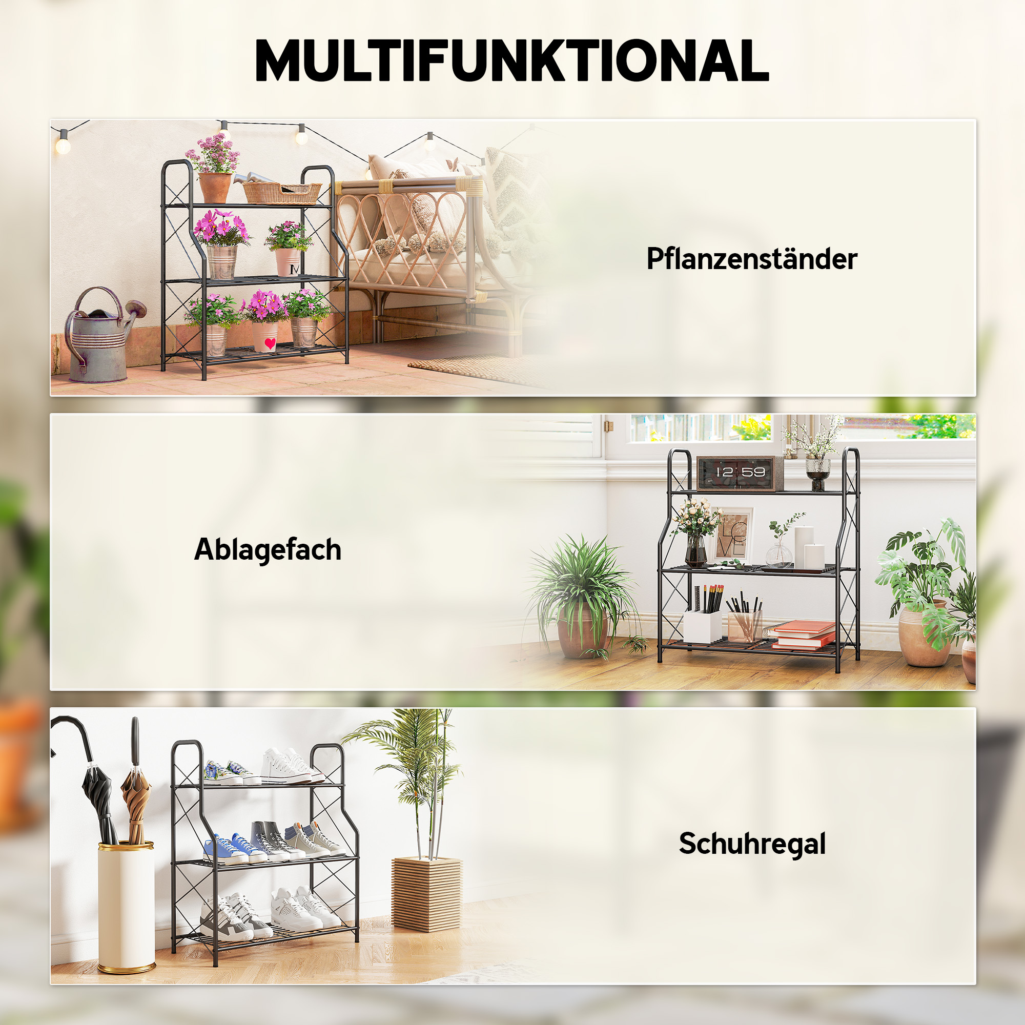 3-Etagen Pflanzenständer, 78 cm hoch Blumenständer mit Griffe, Pflanzenregal aus Metall Schwarz