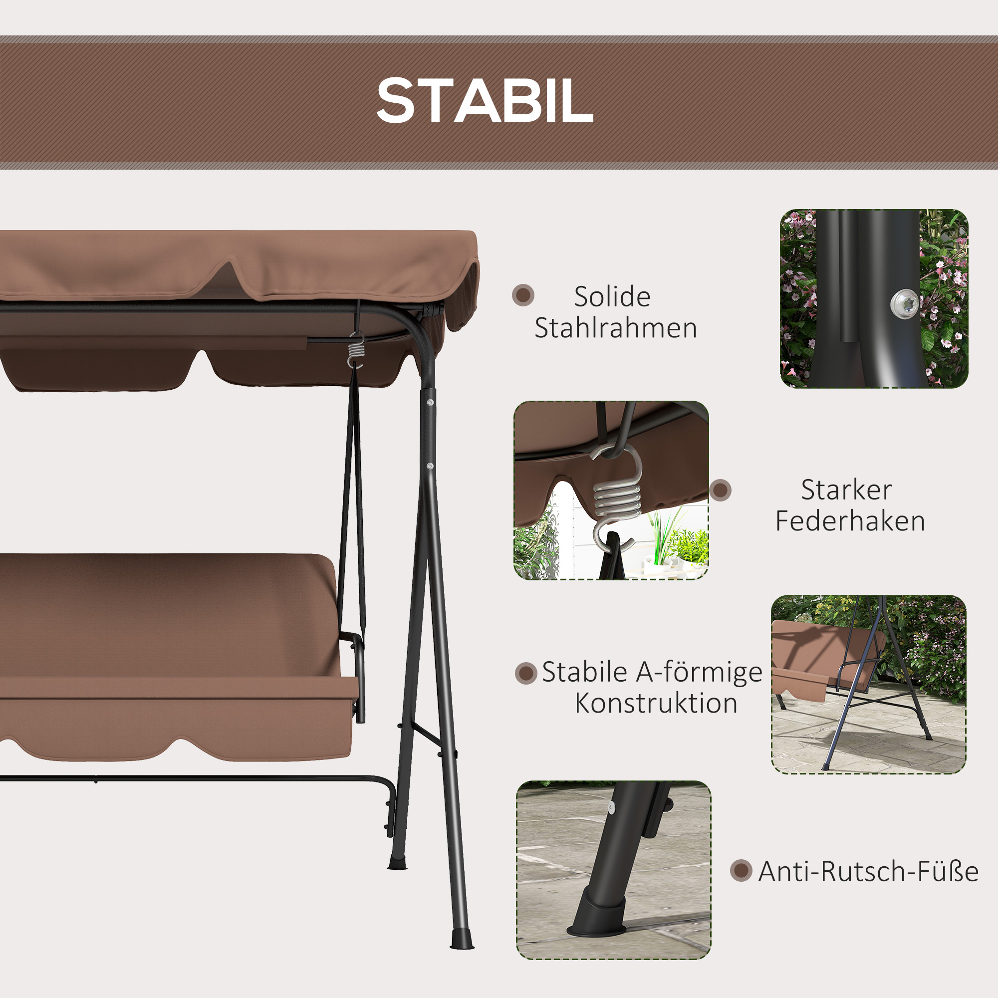 Hollywoodschaukel Gartenschaukel 3-Sitzer, wetterbeständig, verstellbares Dach, 172 x 110 x 153, Braun