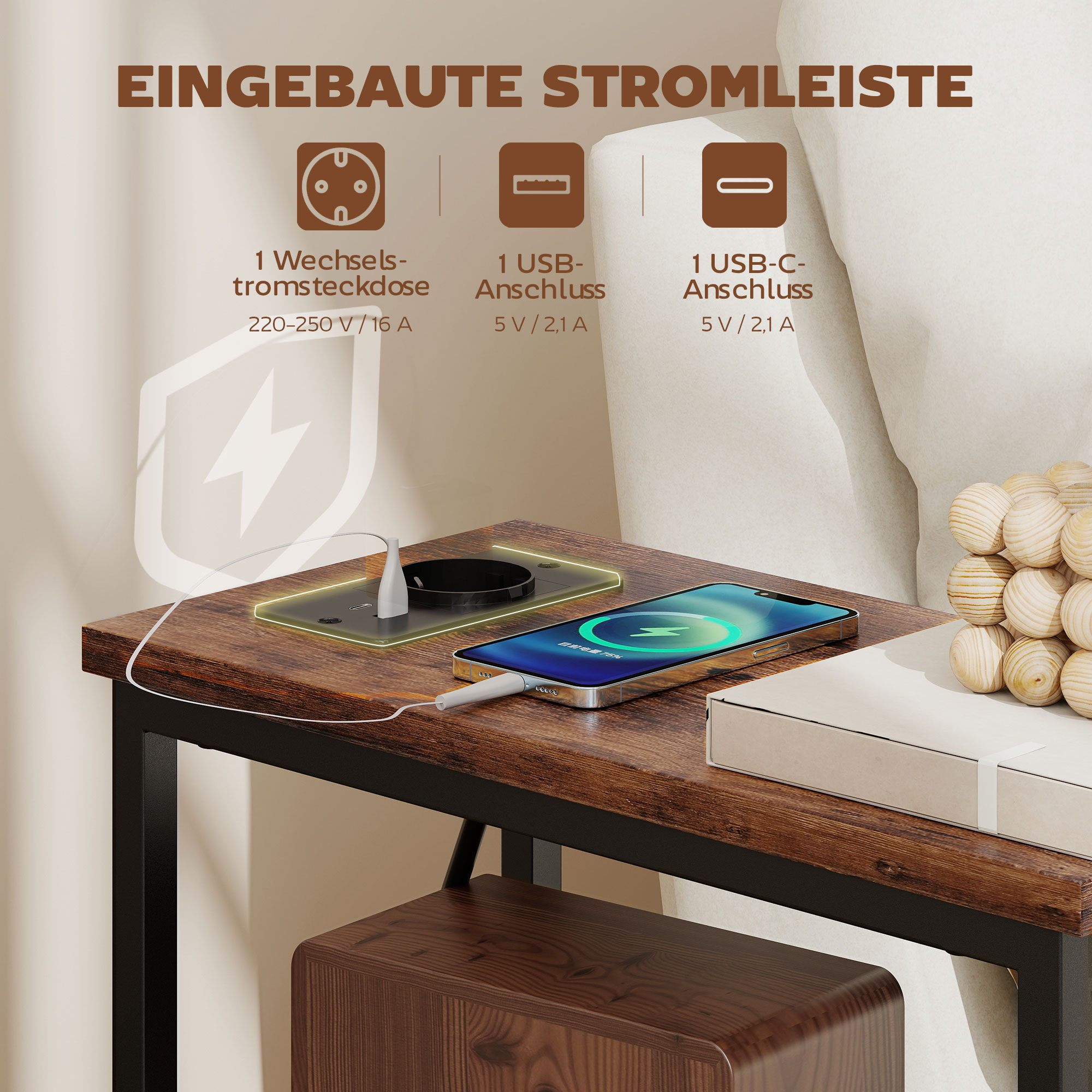 Couchtisch Beistelltisch mit Ladestation, Stahlrahmen, 2 Stoffschublade, offen Fach, 20cm x 40cm x 63cm, Rustikal-Braun