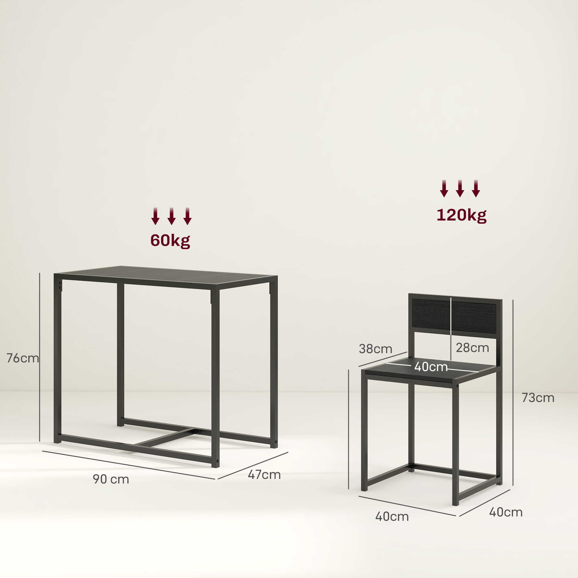 3-teiliges Bartisch-Set Hochtisch-Set 3-teilig, 2 Stühle, 1 Tisch, 90 cm x 47 cm x 76 cm, Schwarz