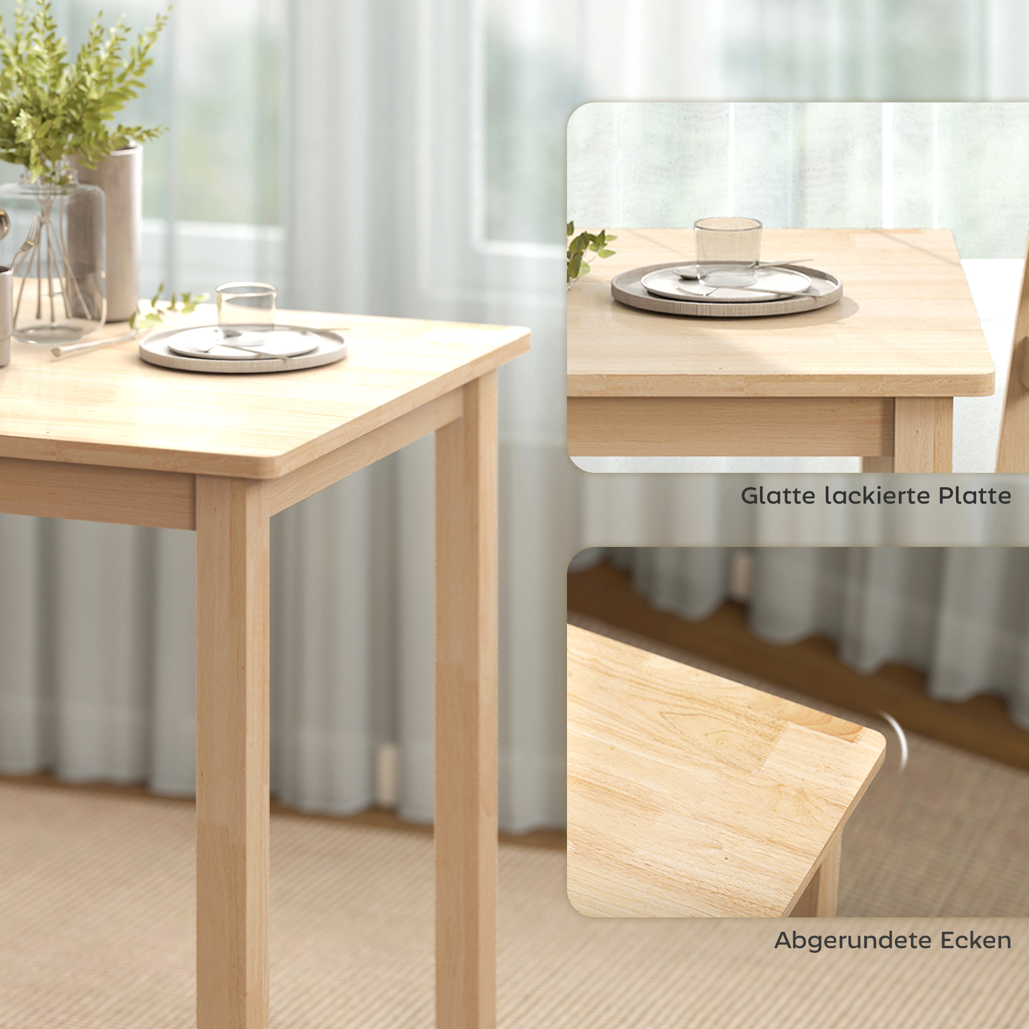 3-teiliges Esstisch-Set mit 2 Stühlen, Küchentisch für kompakte Räume, gepolsterte Stühle, platzsparend, MDF, Naturholz