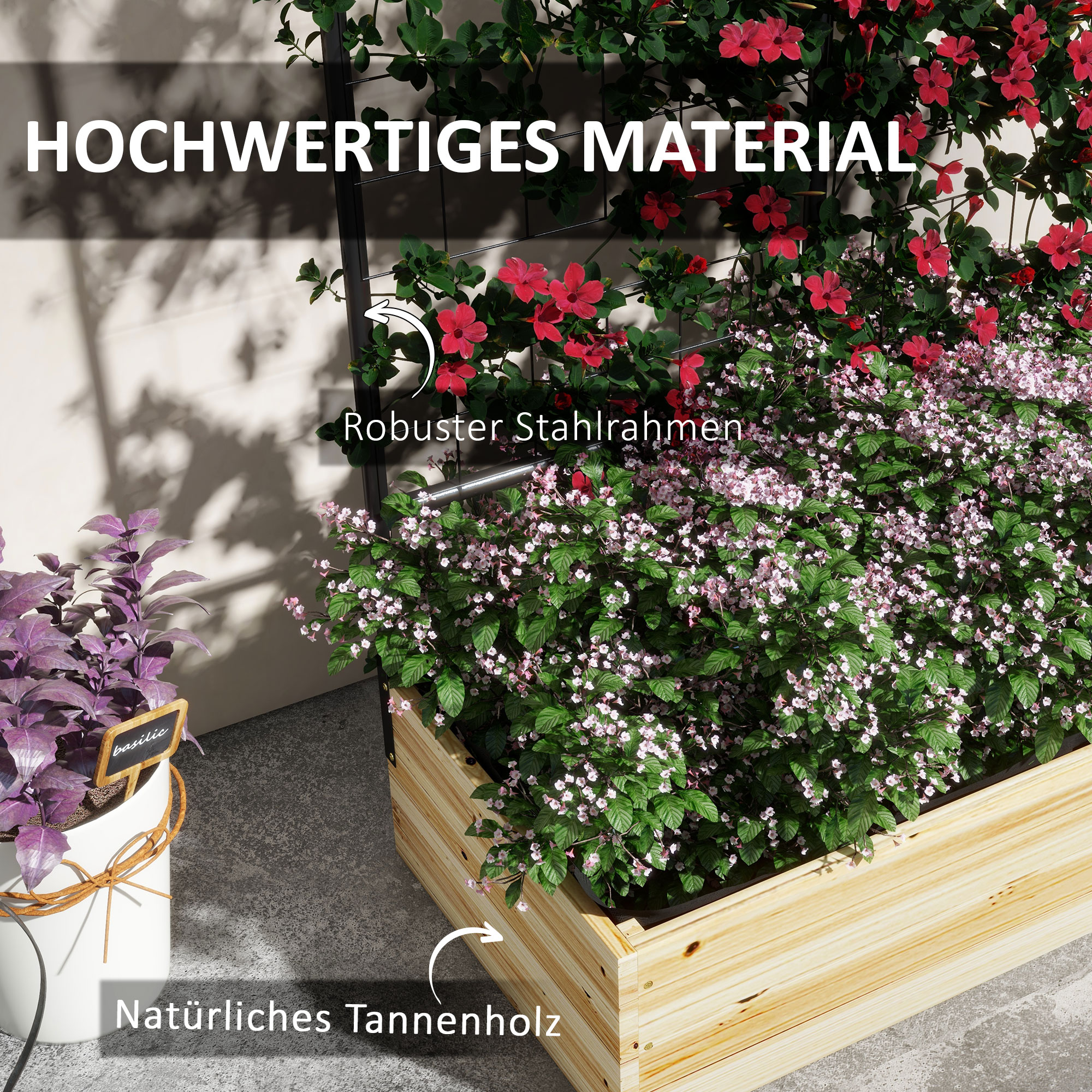 Hochbeet mit Rankgitter, Innenfutter aus Vlies, Naturholz, Stahl, 80x38x145 cm, Schwarz