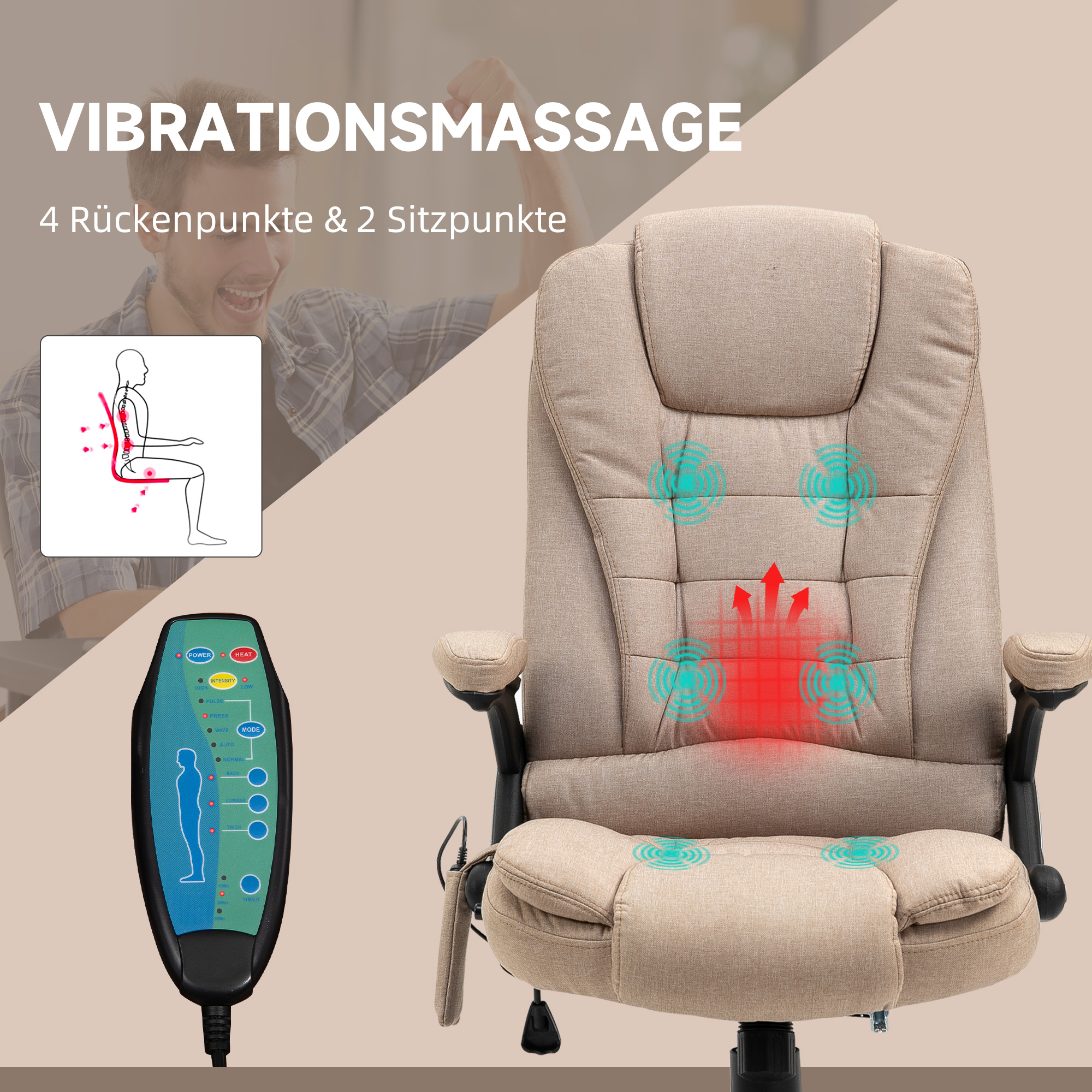 Massagesessel mit Wärmefunktion, Ergonomischer Schreibtischstuhl, höhenverstellbar, 68L x 72B x 110-120 cm, Braun