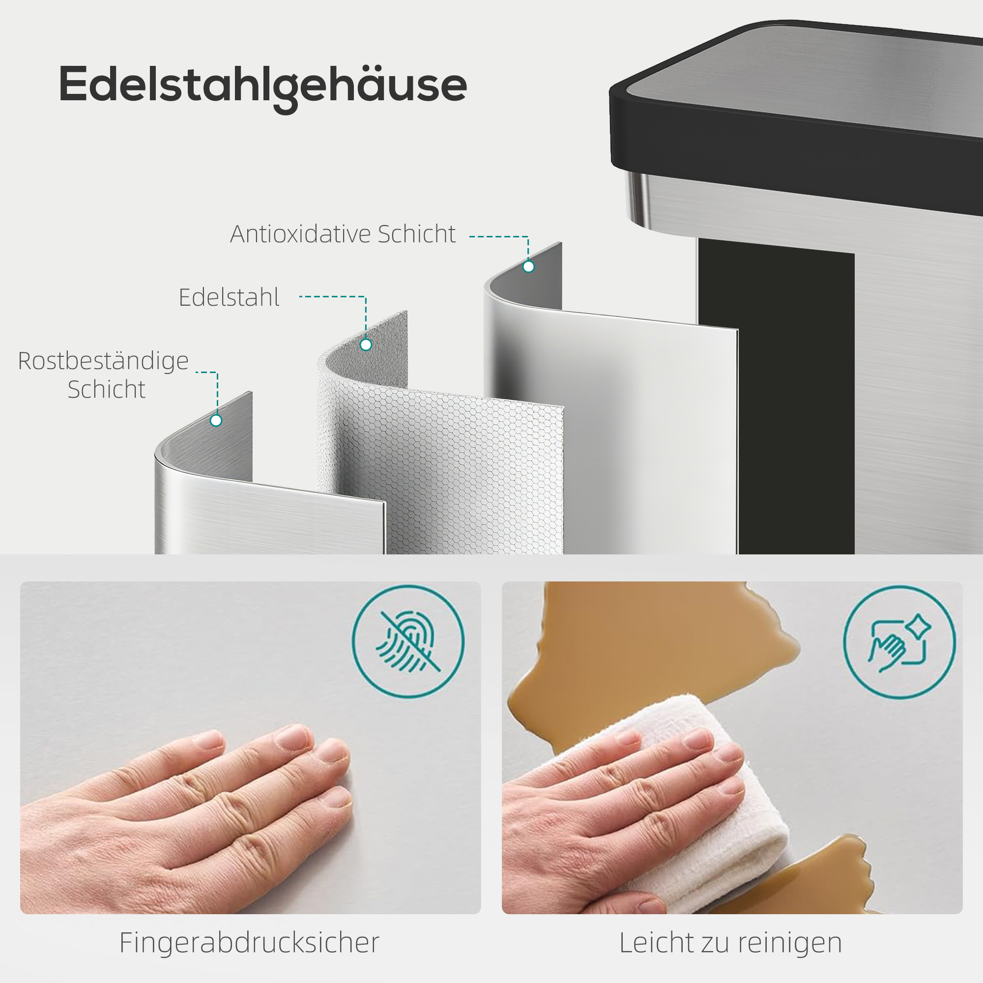 60 L Mülleimer mit Fußpedal, Edelstahl-Abfalleimer mit sanft schließendem Deckel, Silberfarben