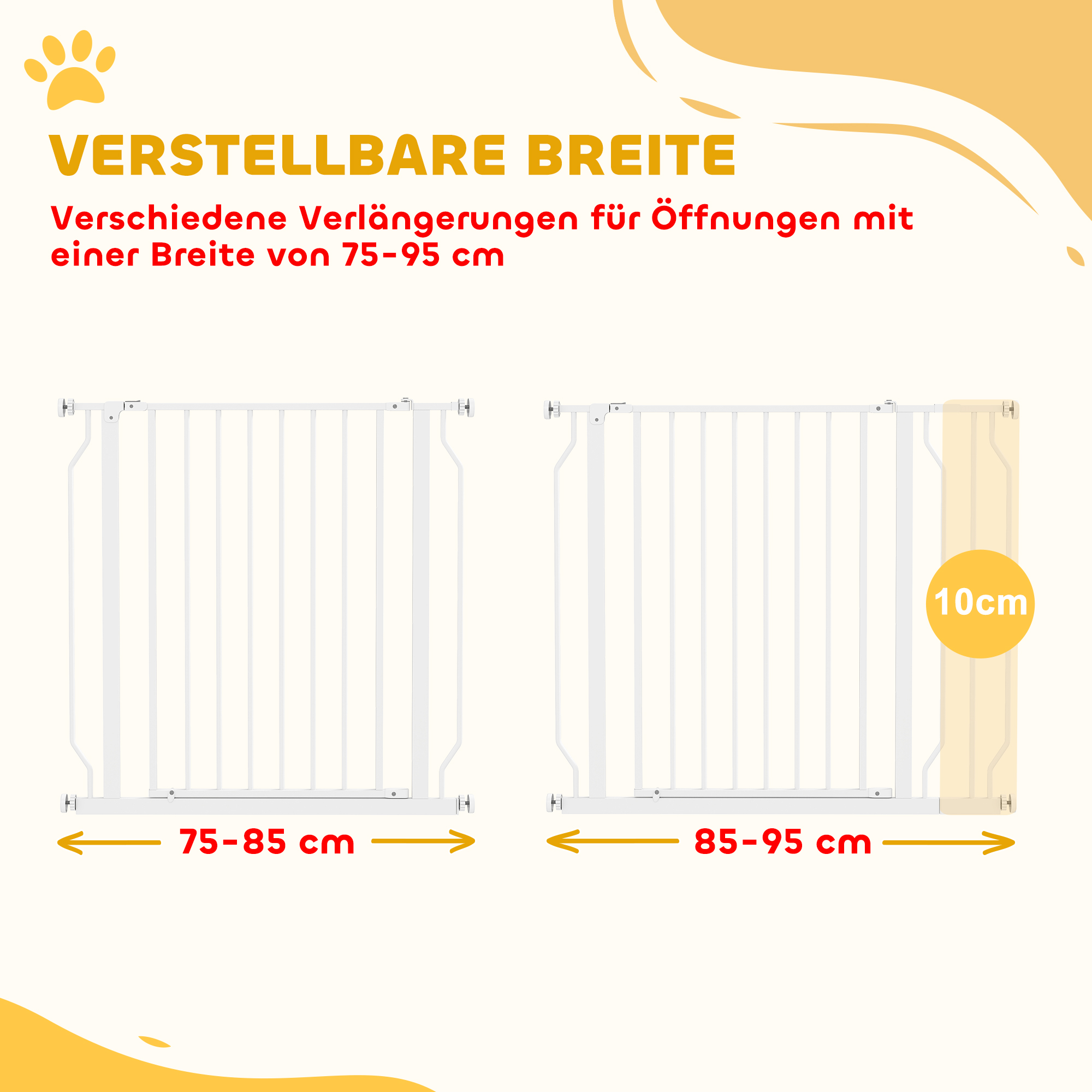 Hundeschutzgitter, Absperrgitter, Zwei-Wege-Öffnung, Wandhalterung mit Druckknöpfen, verstellbar von 75 cm bis 95 cm, Weiß
