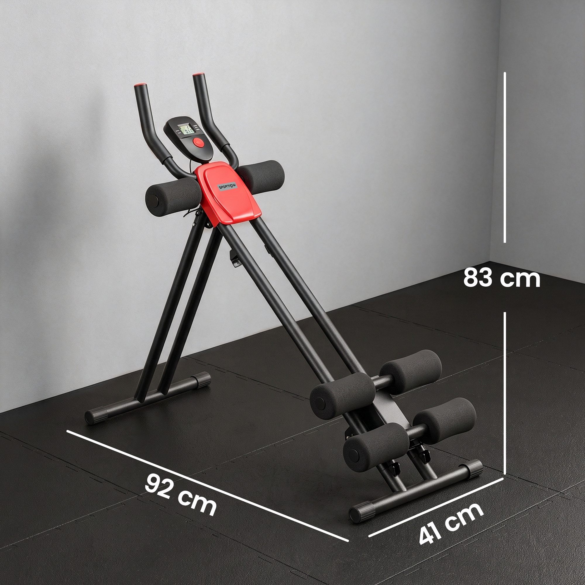 Bauchtrainer, Klappbarer Bauchmuskeltrainer mit LCD-Anzeige, Doppel-Schienen belastbar bis 120 kg, Stahl, Rot