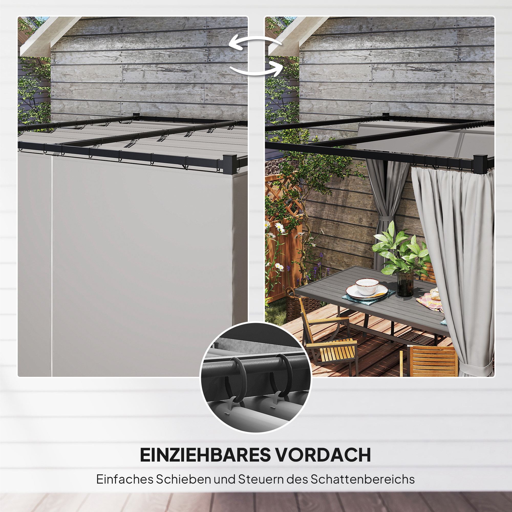 Pergola 3 x 3 m Freistehend Terrassenüberdachung mit Schiebedach, 4 Seitenwände UV-beständig Hellgrau