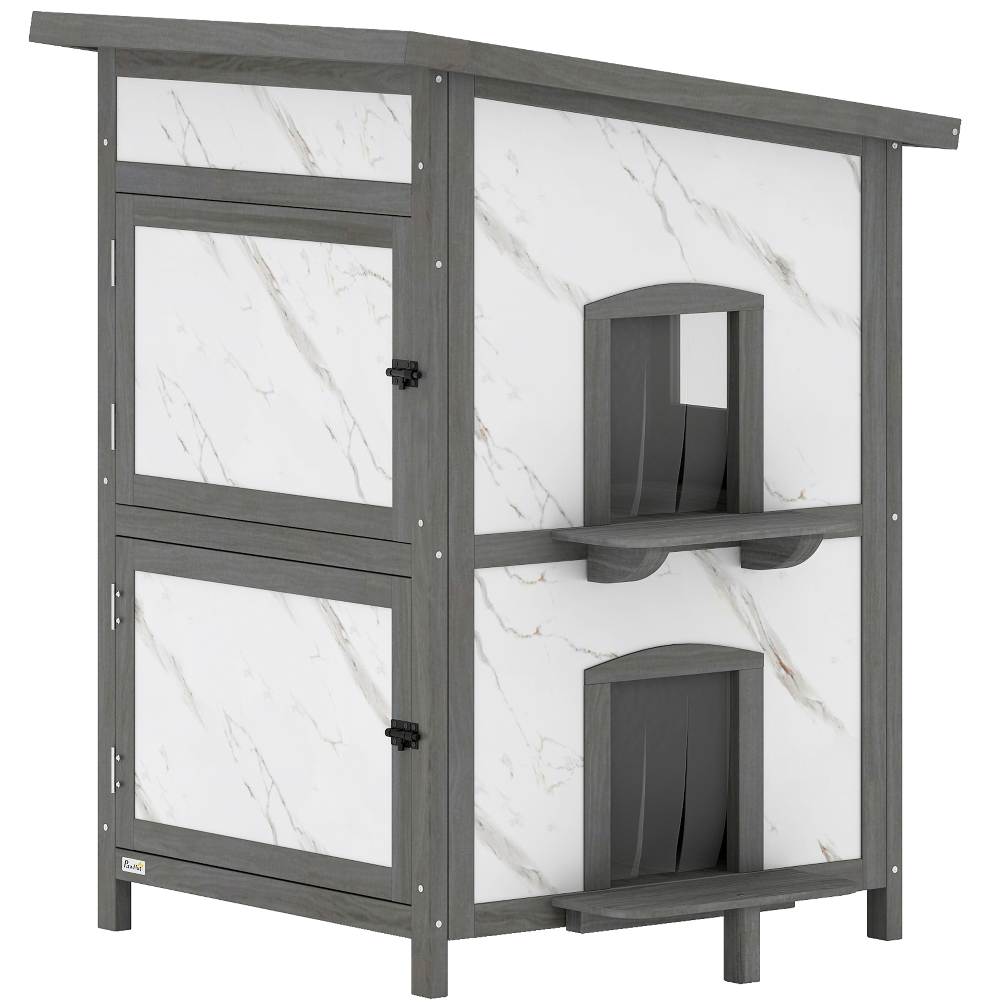 Outdoor-Katzenhaus, Holzhaus für Katzen, mehrere Eingänge, Fenster, Wasserfest, 60 x 60 x 88 cm, Weiß