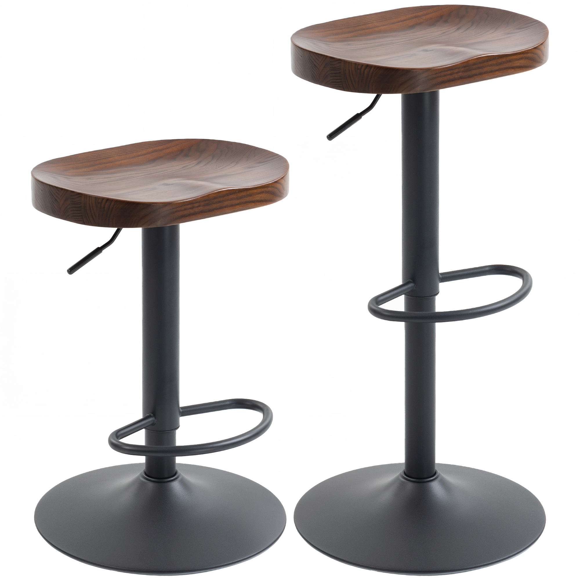 Barhocker Set aus 2, Höhenverstellbare Drehstühle mit Sattelsitz aus Ulmenholz in Dunkelbraun