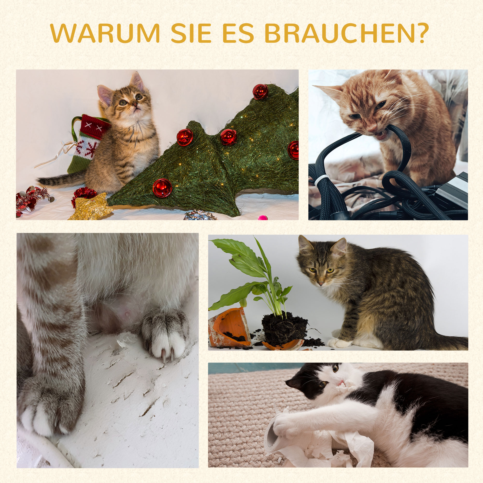 Kratzbaum mit Katzenhöhle, zwei Plattformen, zwei Kratzstämme, Plüschbezug, Cremeweiß, 48 x 48 x 110cm