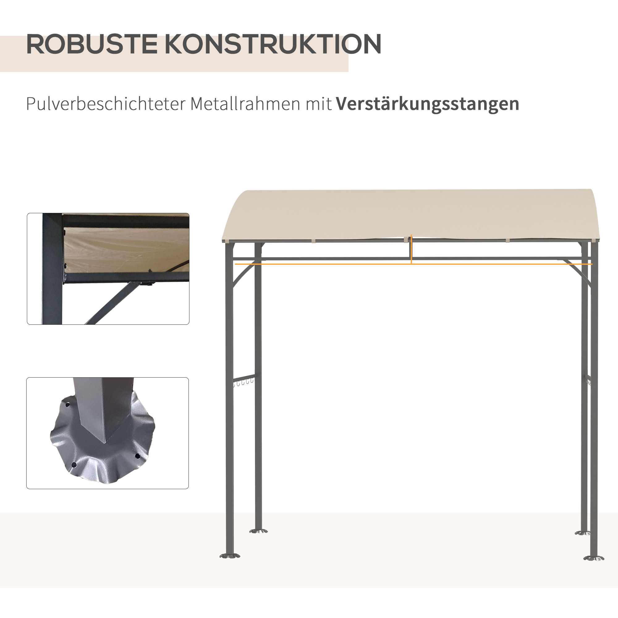 Grillpavillon, Grillüberdachung, Regenschutz, Haken für Utensilien, Stahlrahmen, Beige+Schwarz, 215 x 150 x 182/220 cm