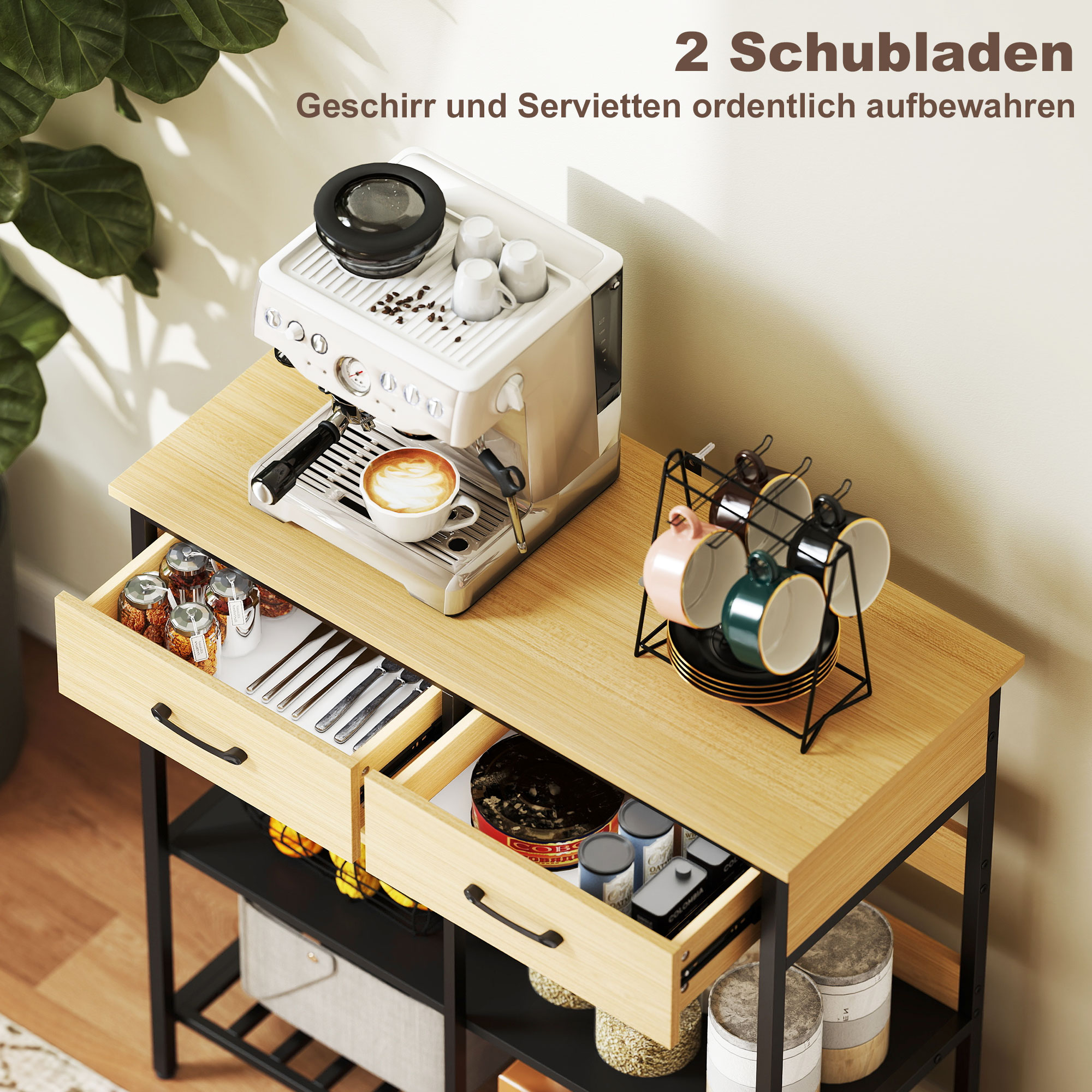 Sideboard, Kommode mit 2 Schubladen, 3 offenen Regalen Küchenschrankfür Küche, Wohnzimmer 90 x 40 x 91 cm, Naturholz