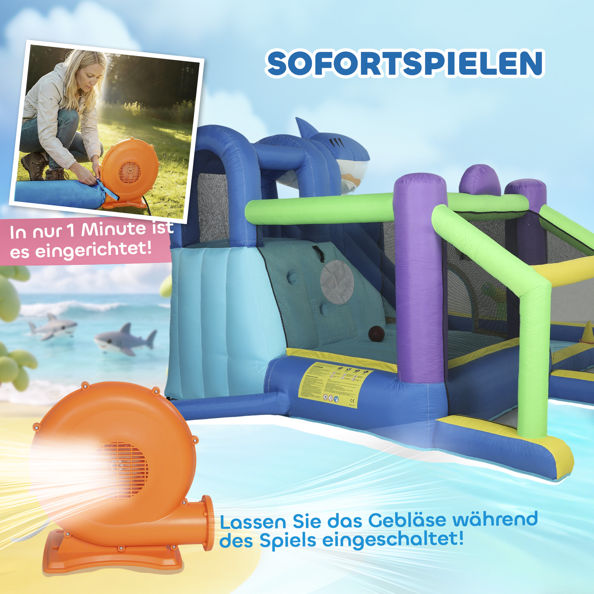 8-in-1 Hüpfburg mit Hai-Design Gebläse, Rutsche, Planschbecken Trampolin für 3-8 Jahre 405x345x235cm, mehrfarbig