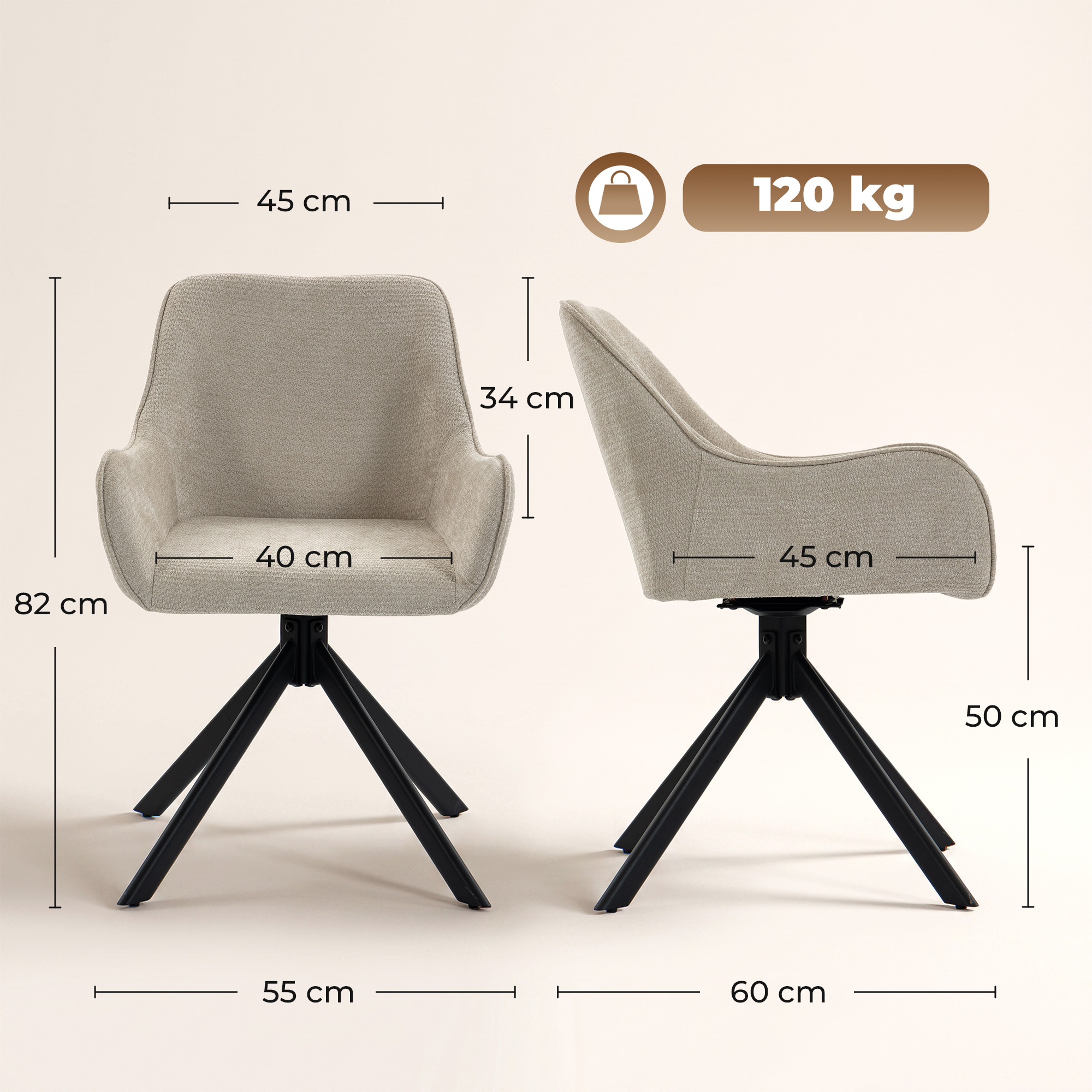 Esszimmerstühle 2er-Set, Drehbarer Küchenstuhl mit Armlehnen, Metallrahmen für Wohnzimmer, Esszimmer, Beige