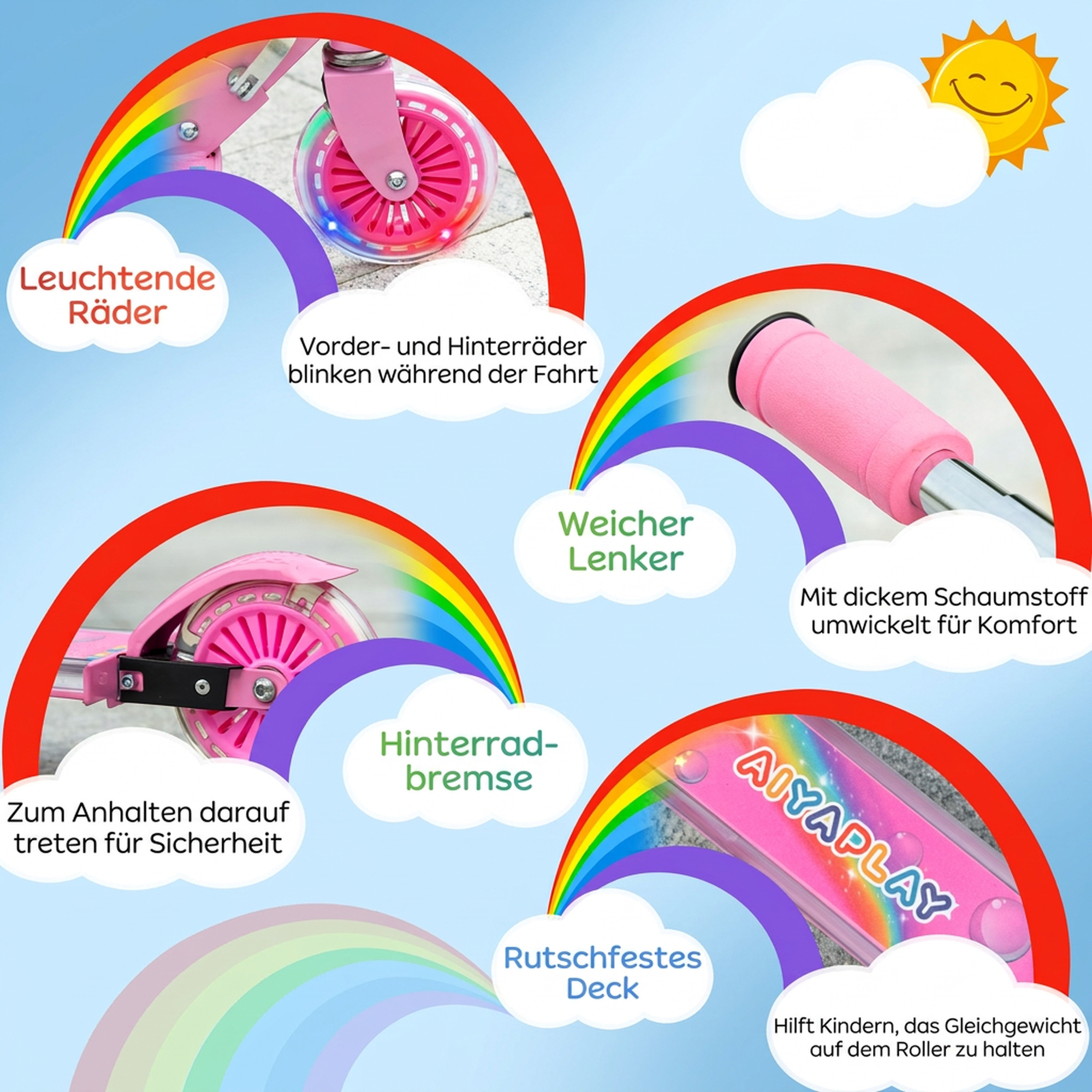 Roller Kinder Scooter mit LED Rädern 124 mm Rollen klappbarer Höhenverstellbar mit Musik Hinterradbremse Rosa