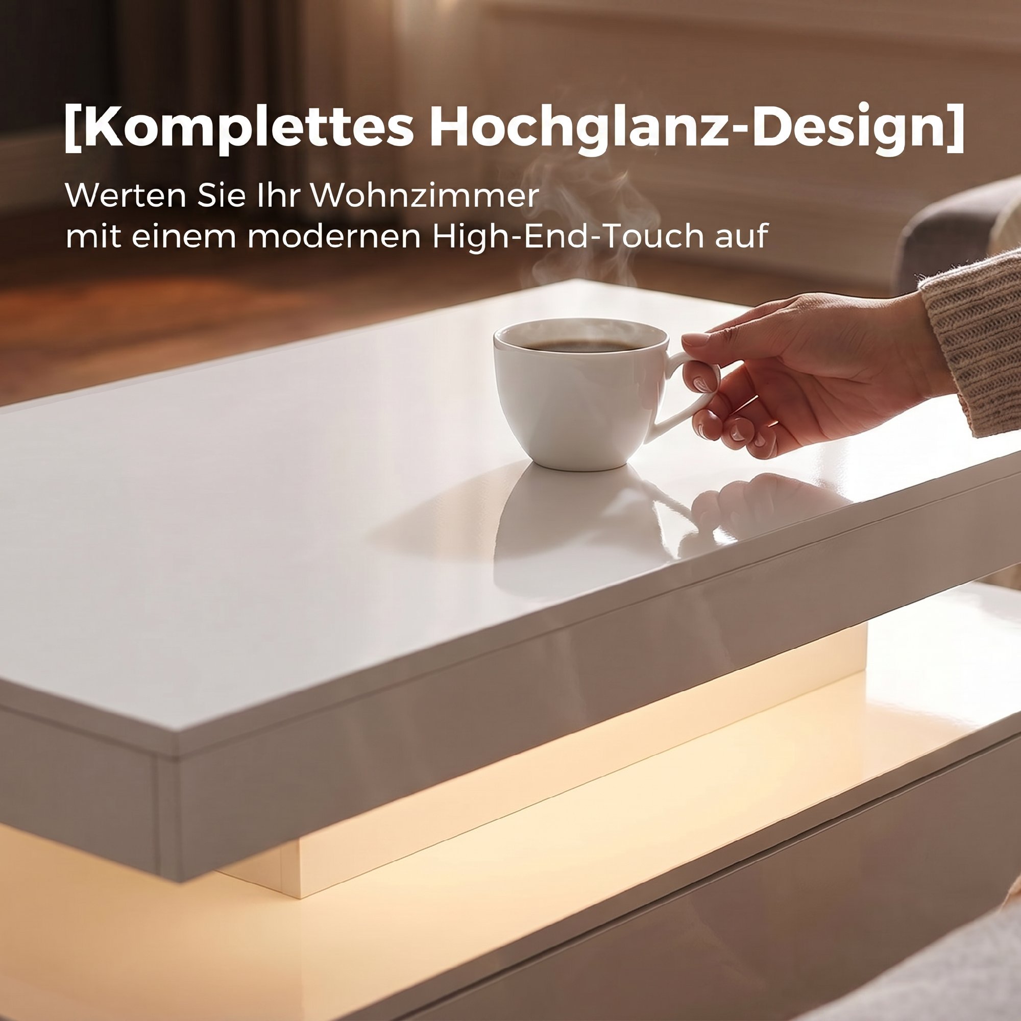 LED Couchtisch mit Stauraum, Moderner 2-Ebenen Wohnzimmertisch mit 2 Schubladen, Hochglanz Weiß