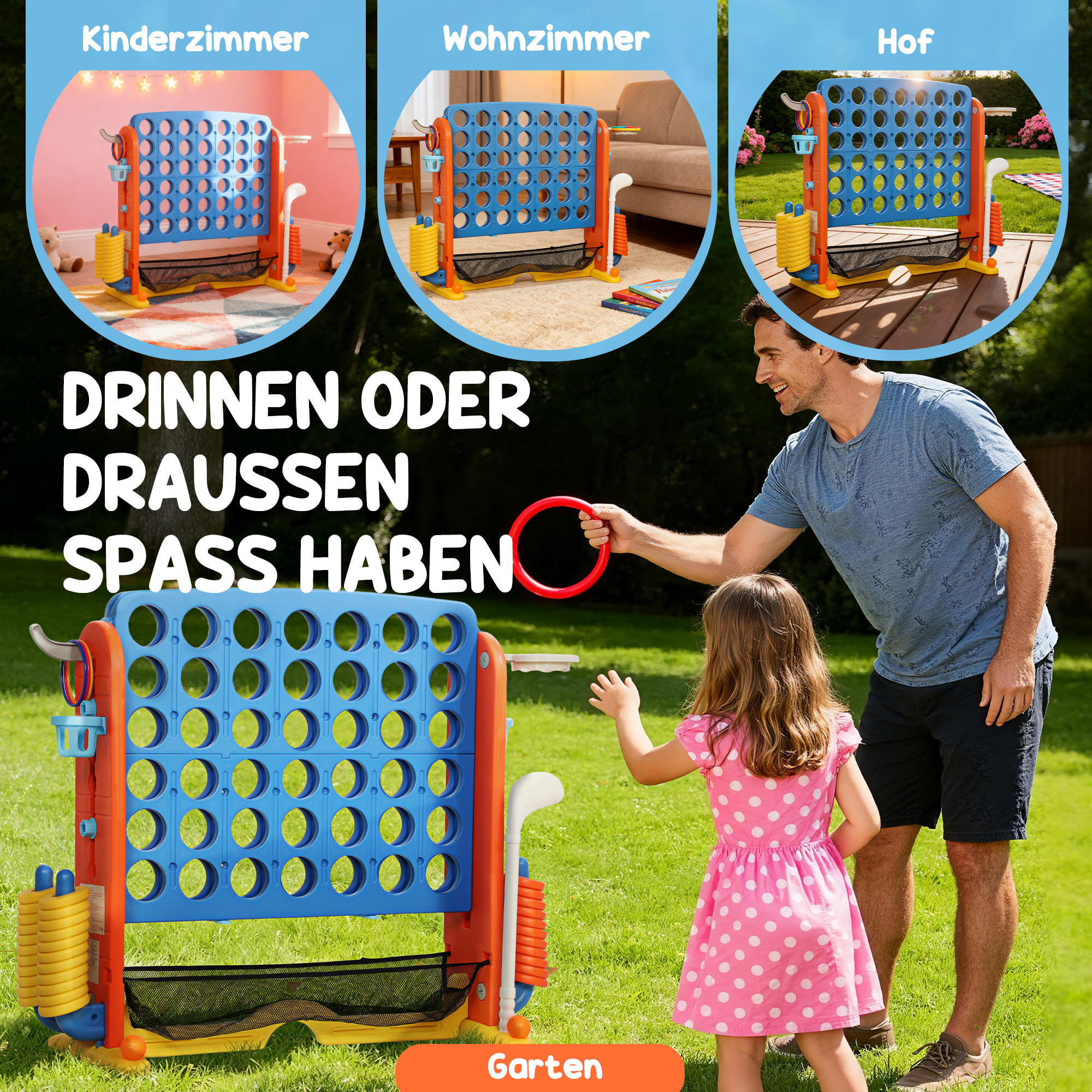 4-in-1 Spiele-Set, Vier Gewinnt, höhenverstellbar, Netz-Tasche, Kunststoff, Bunt