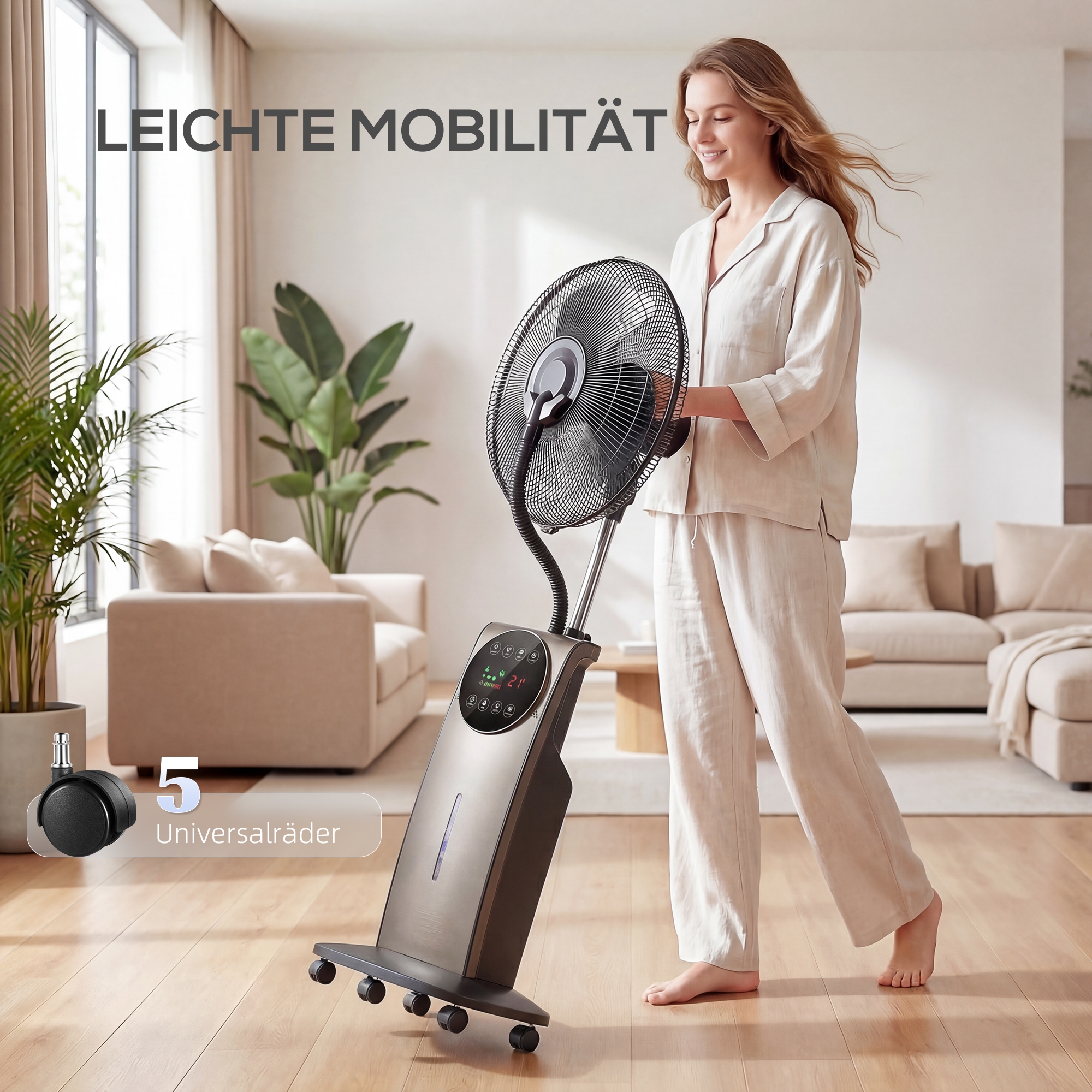 Sprühnebelventilator mit Fernbedienung, Standventilator mit Wassernebel, 70° Oszillation, 3 Geschwindigkeiten, 3 Modi, 3,1L Wassertank