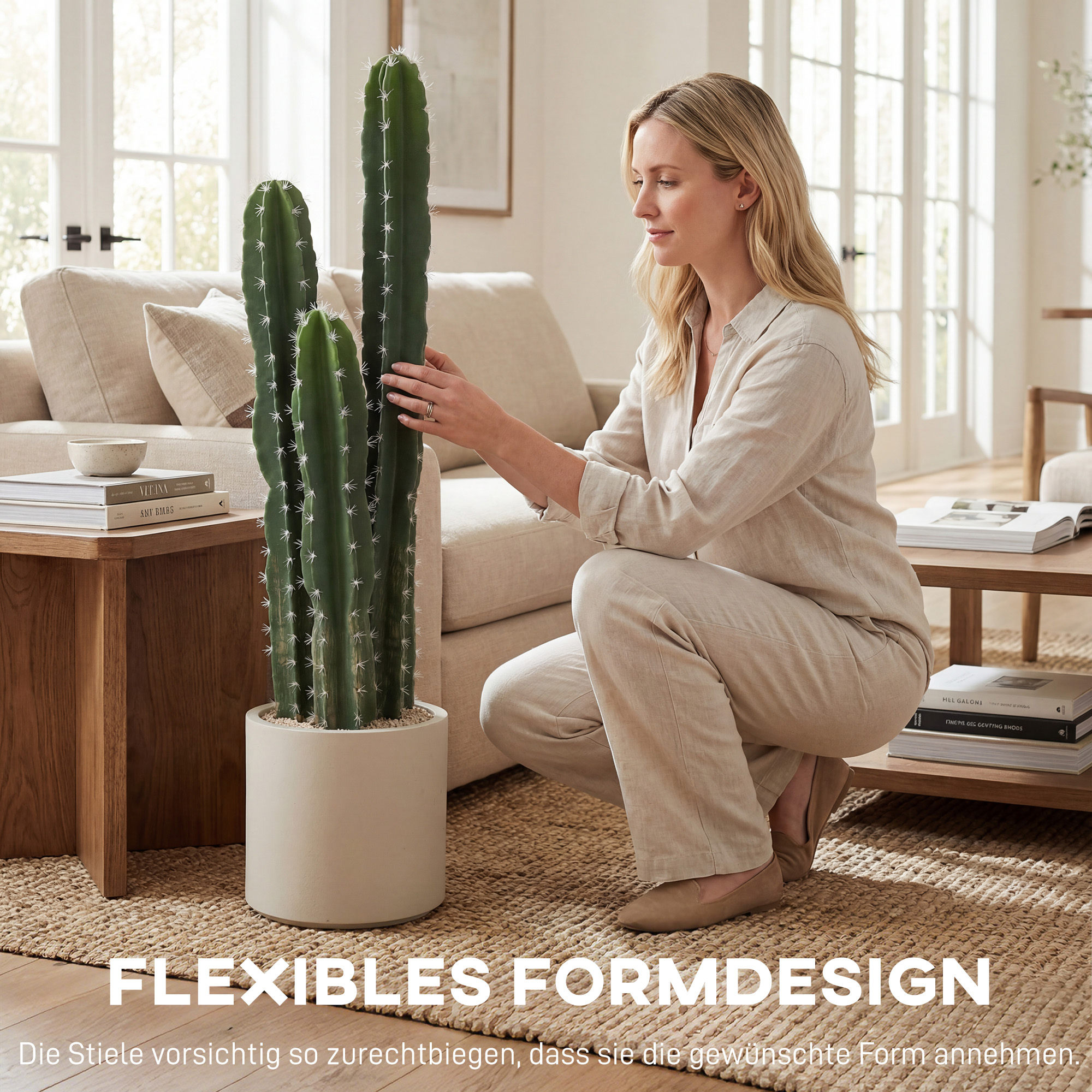 Kunstpflanze Kaktus Pflanzen groß 95 cm mit Topf wie echt für Zuhause, Büro, Grün
