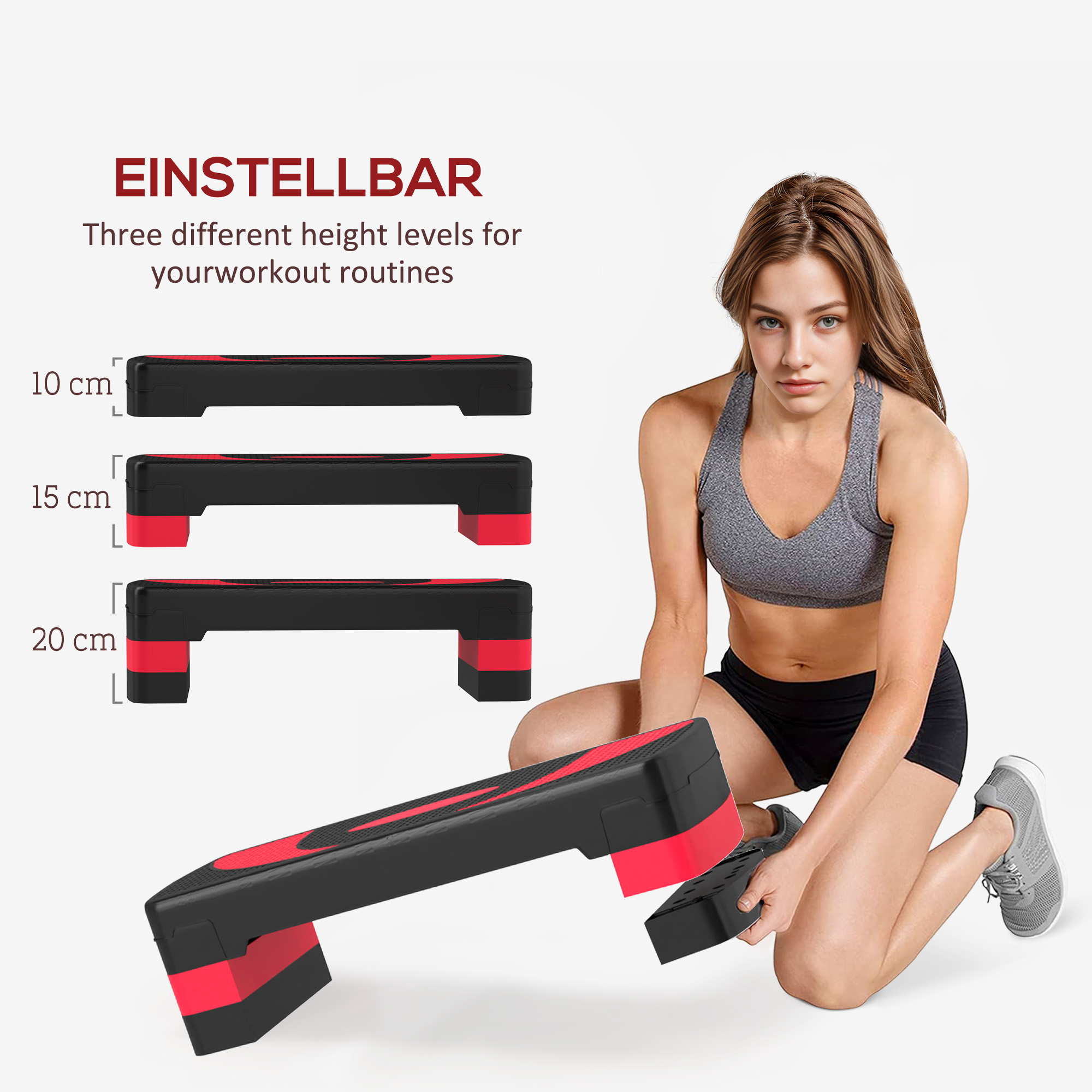 Aerobic-Stepper, höhenverstellbar, für Indoor und Outdoor, Belastbarkeit bis 150 kg, 80 x 31 x 10-20 cm, Rot