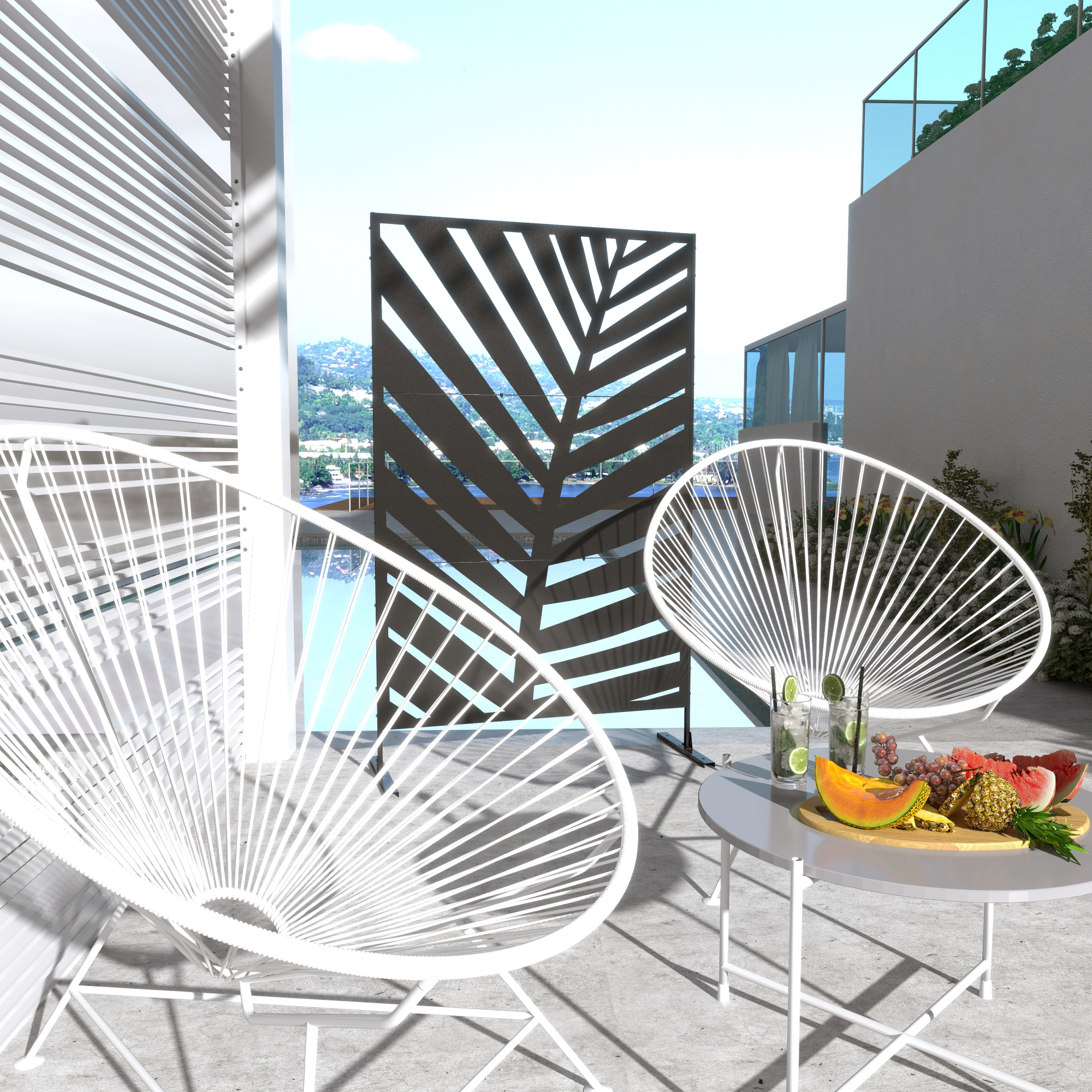 Outdoor-Sichtschutz, lackiert Stahlrahmen, Design: Palmblatt-Silhouette, 1,2 x 2 m, Schwarz