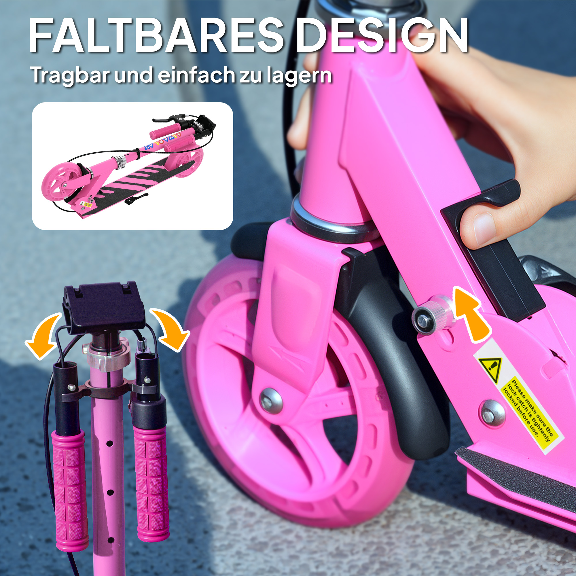 Kinderroller, Doppelte Bremsen, Metallrahmen, Fußstütze, faltbar, 3-8 Jahre, Rosa