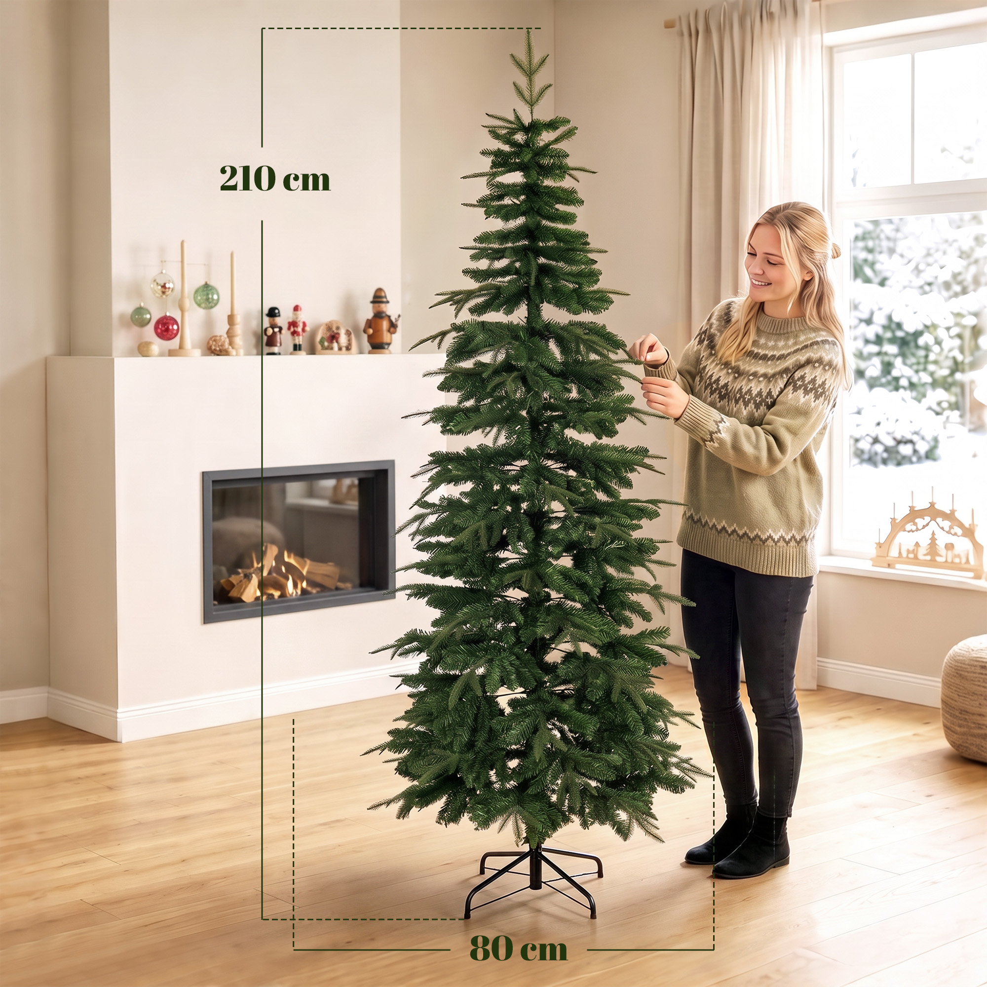 künstlicher Weihnachtsbaum 210 cm, Fichte mit Scharnierästen, 800 Astspitzen, klappbarer Stahlständer, Grün