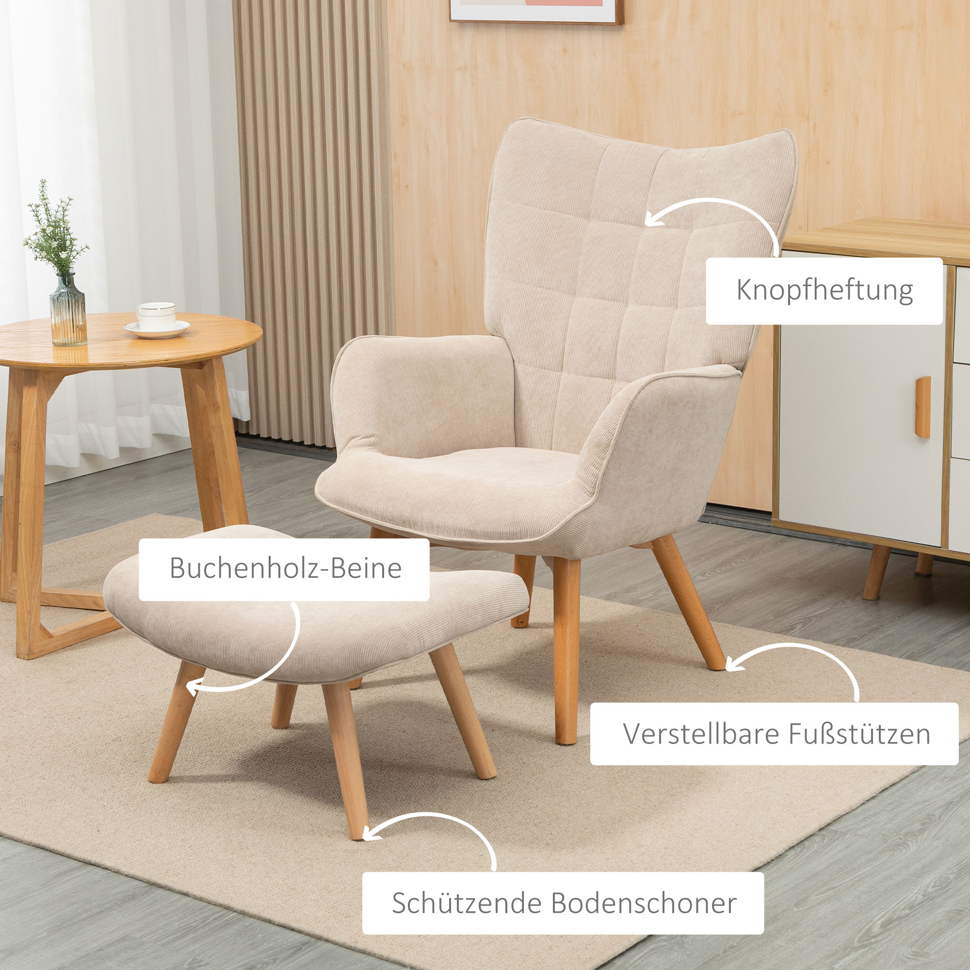 Akzentsessel mit Hocker, Relaxsessel in Cord-Optik, Armlehnstuhl mit Holzbeinen, für Wohnzimmer, Beige