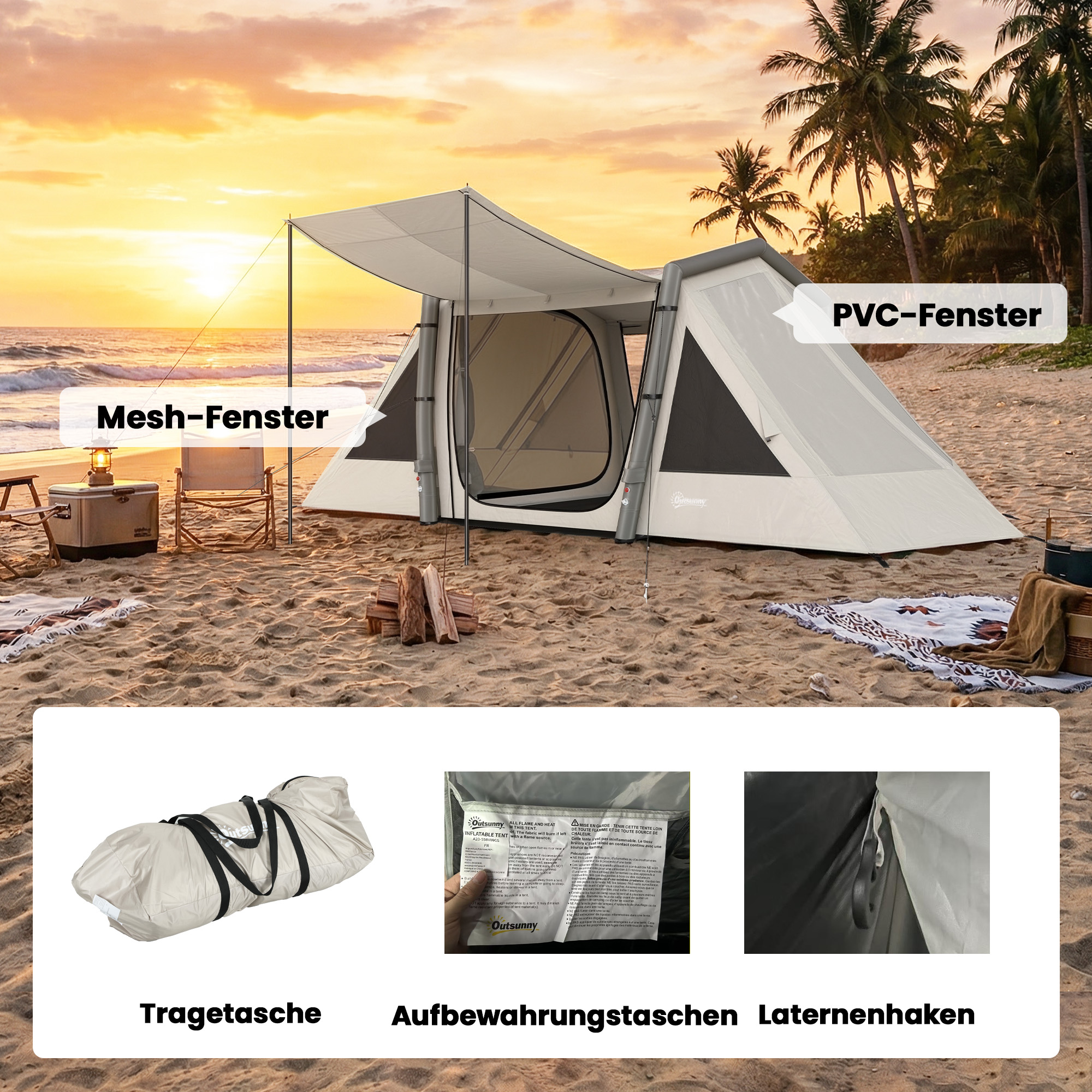 Aufblasbares Zelt 4 Personen Schneller Aufbau Outdoor Zelt für Camping mit 2 Schlafzimmern Vorraum Fenster