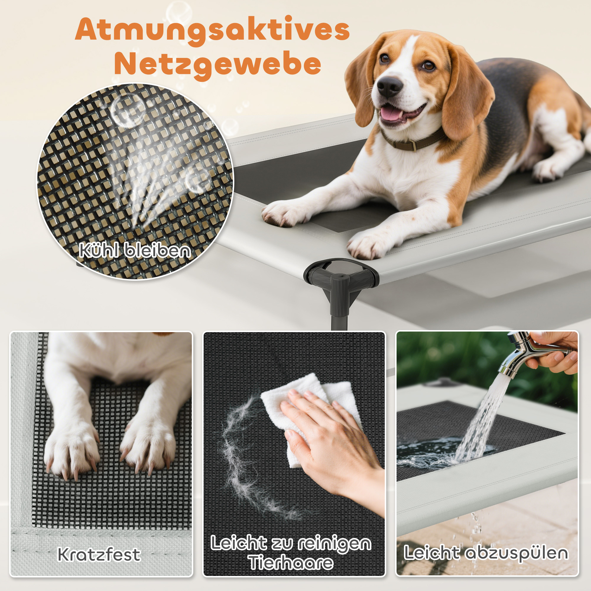 Hundeliege Outdoor mit Dach, erhöhtes Hundebett für mittelgroße Hunde, mit Stahlrahmen, 76x61x70cm, Hellgrau