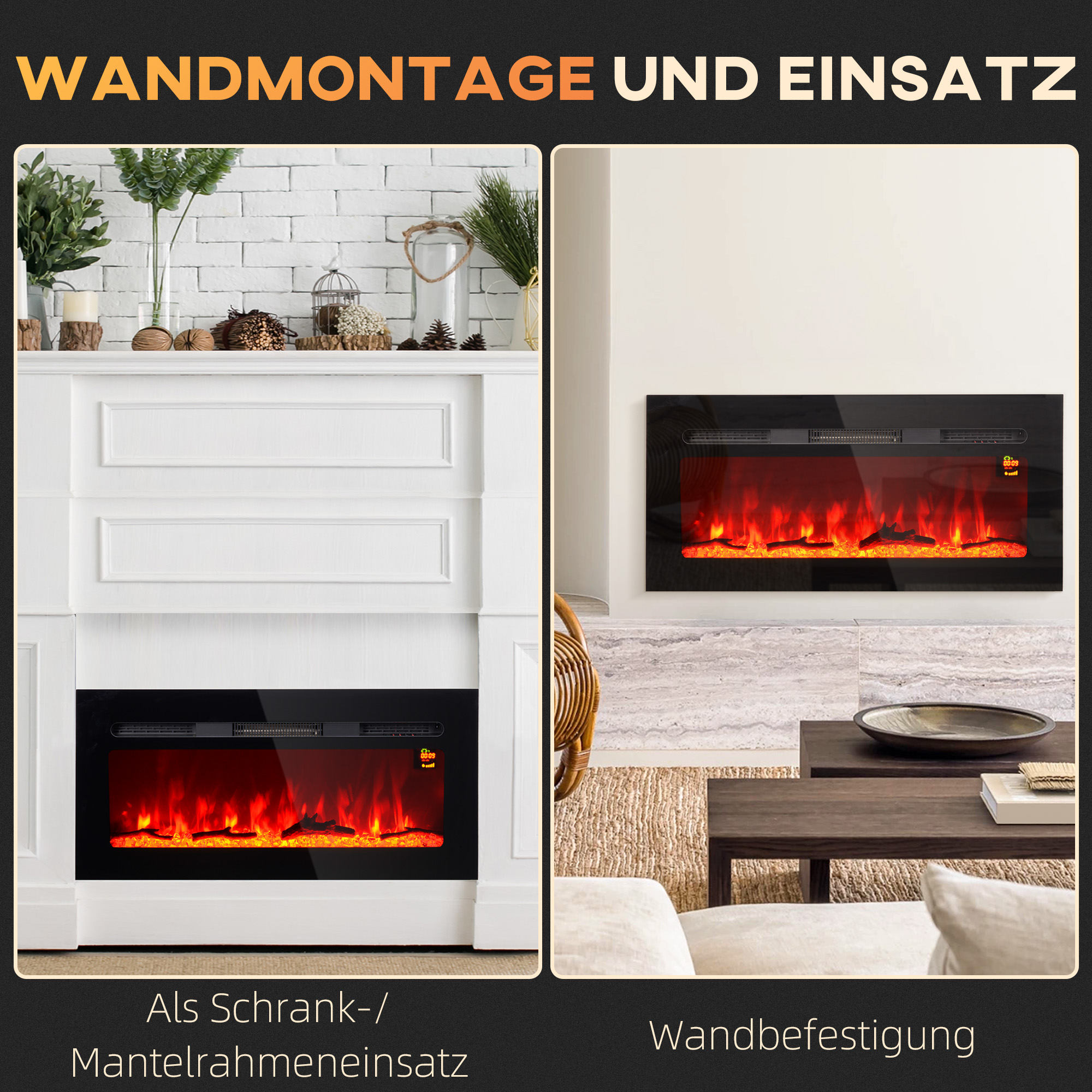Elektrischer Kamin mit Wandhalterung und Fernbedienung, künstliche Holzscheite und Kristalle, 1800W Leistung, Schwarz