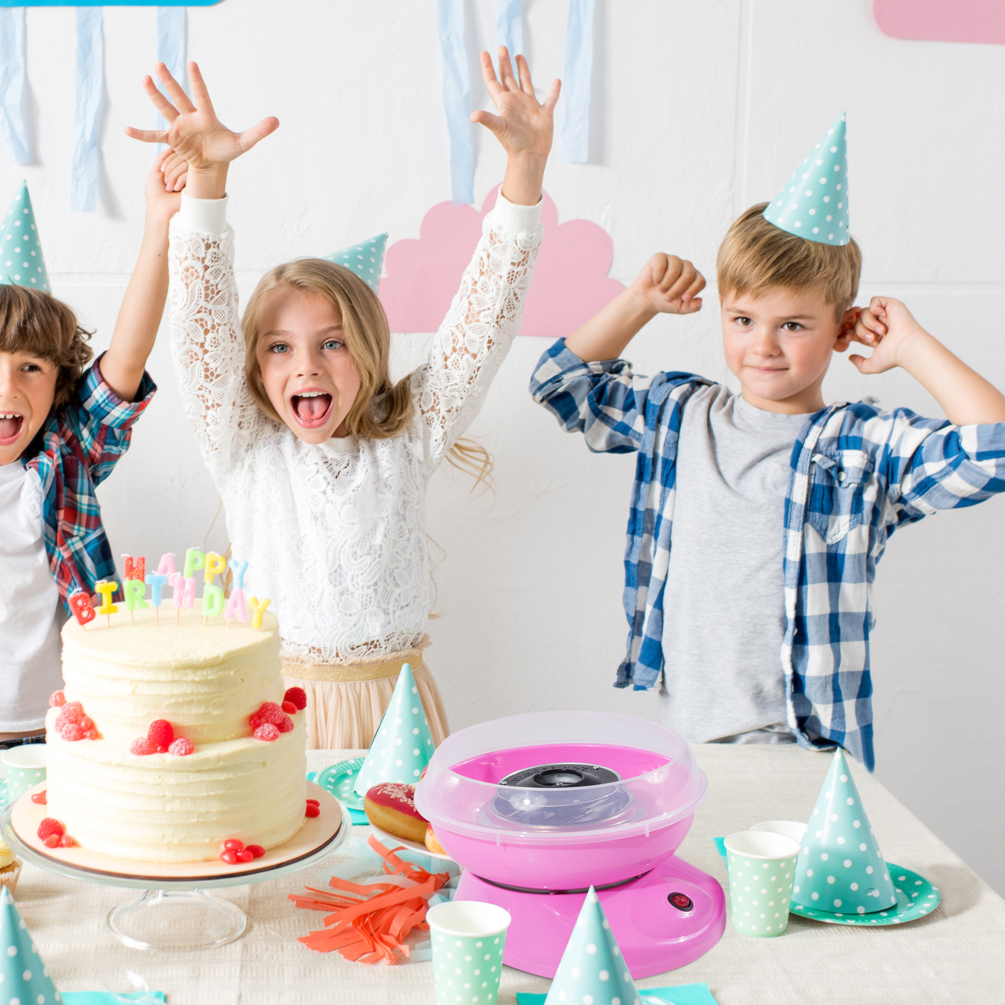 Zuckerwattemaschine für Zuhause Cotton Candy Machine Zuckerwatte Maschine mit Stäbchen und Messlöffel Höhe 18 cm 550W für Kinderfest, Geburtstag, Party Rosa