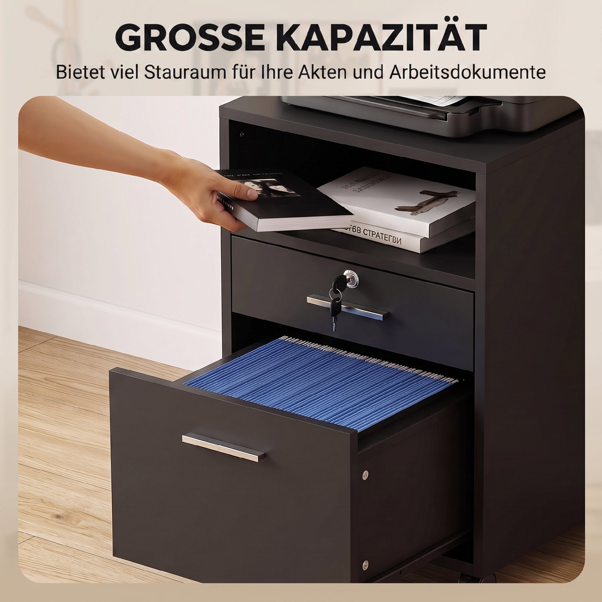 Büroschrank Rollcontainer, 2 Schubladen, eine Schublade abschließbar, 5 Rollen, Schwarz, 40 x 40 x 65 cm