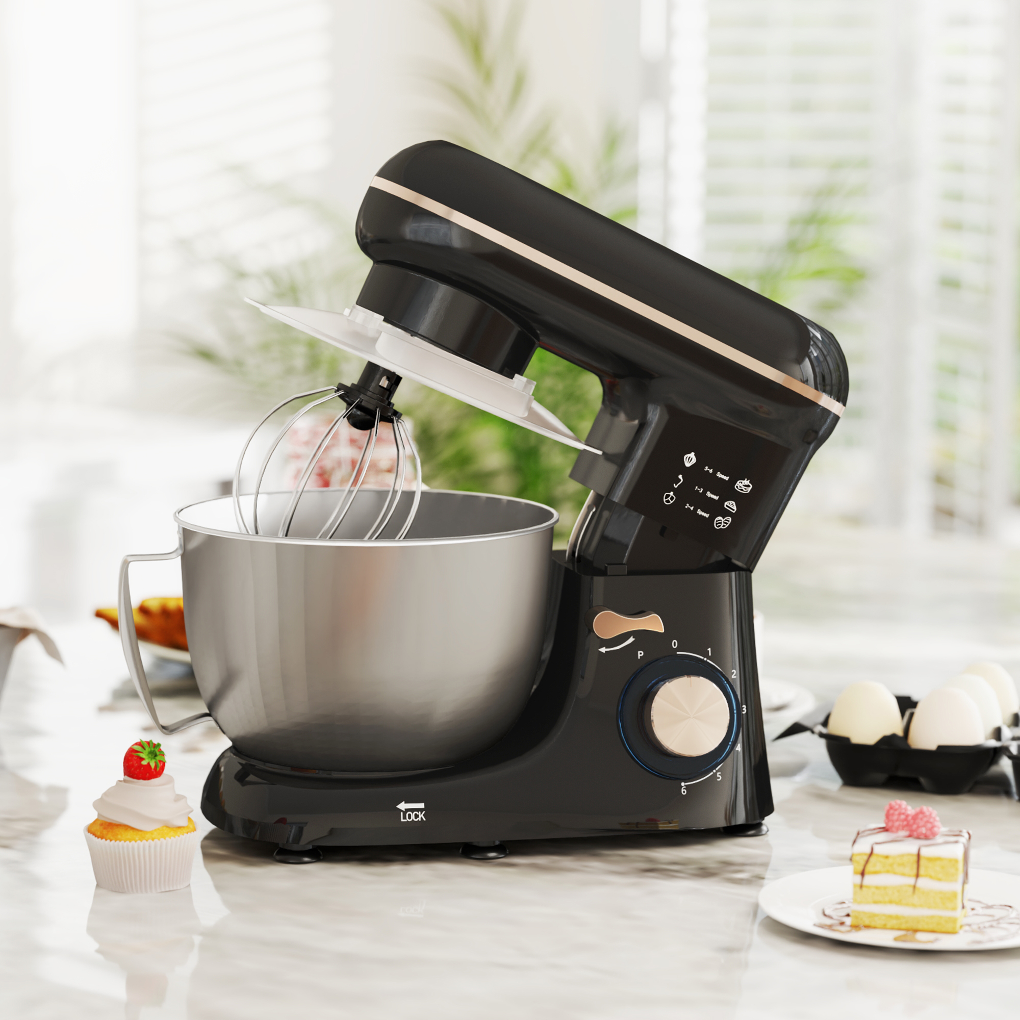 Küchenmaschine Knetmaschine mit 4,5L Edelstahlschüssel 1300W Teigmaschine mit 6+P Geschwindigkeit Beige