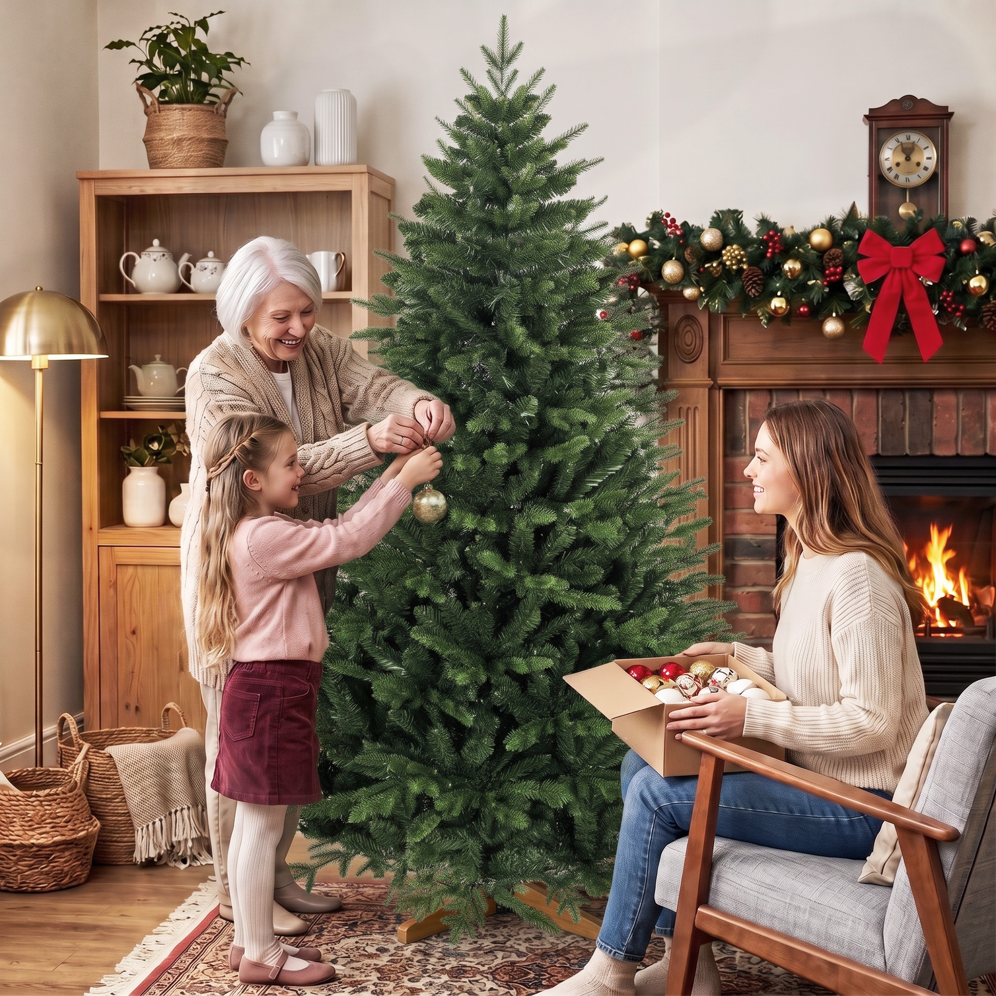 künstlicher Weihnachtsbaum 180 cm mit Kiefernholzständer, Nordic-Tanne mit Klappsystem, 889 Zweigspitzen, Grün