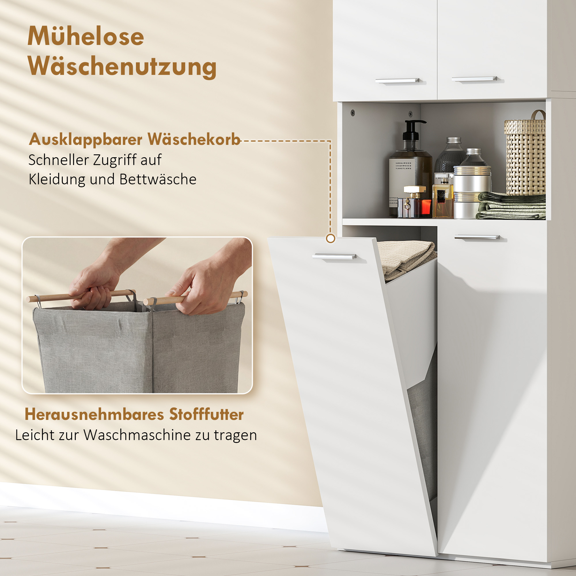 174cm hoher Badezimmerschrank mit ausklappbarem Wäschekorb und Soft-Close-Türen, Weiß