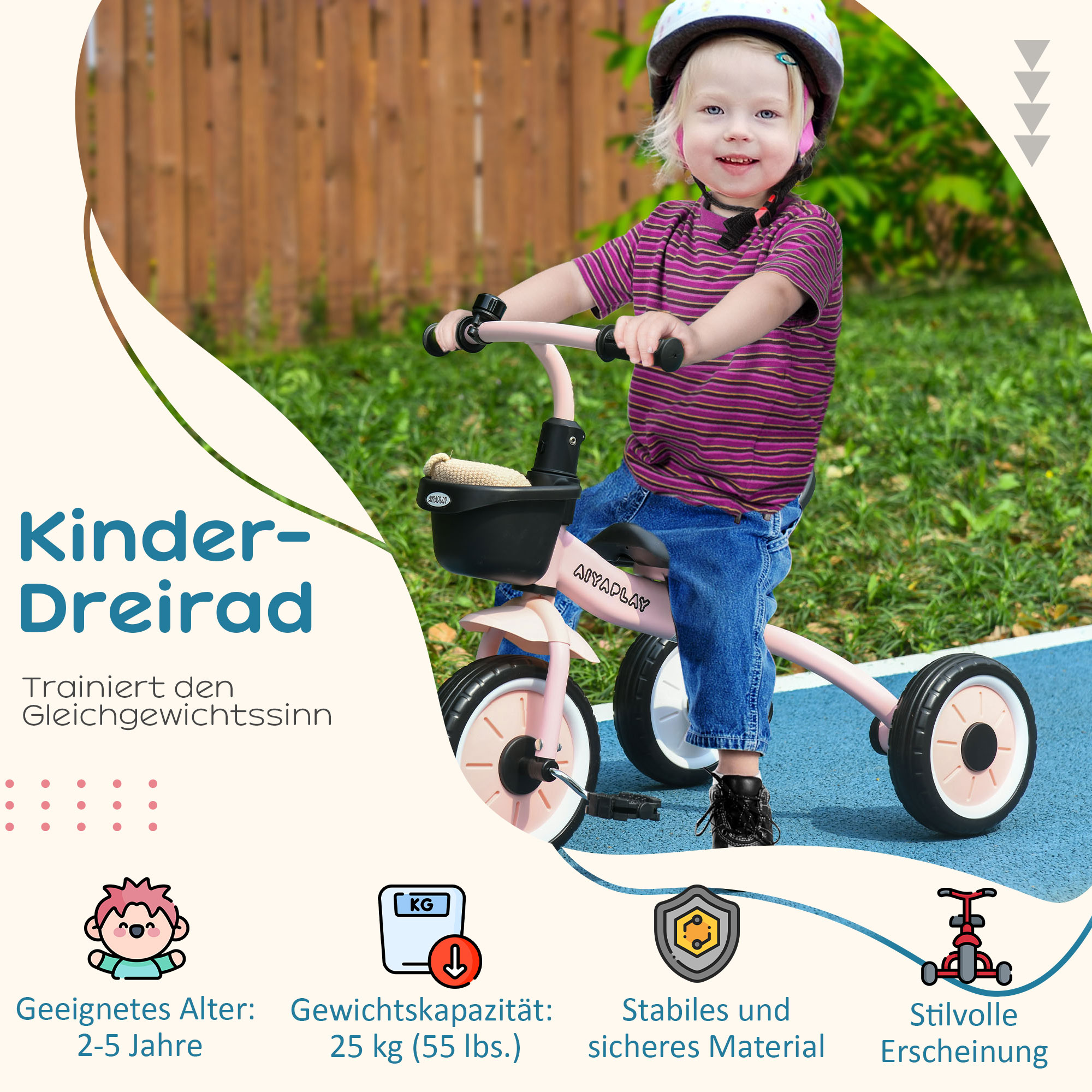 Dreirad für Kinder 2-5 Jahre, höhenverstellbarer Sitz, Klingel, Fahrradkorb, Metallrahmen, Rosa