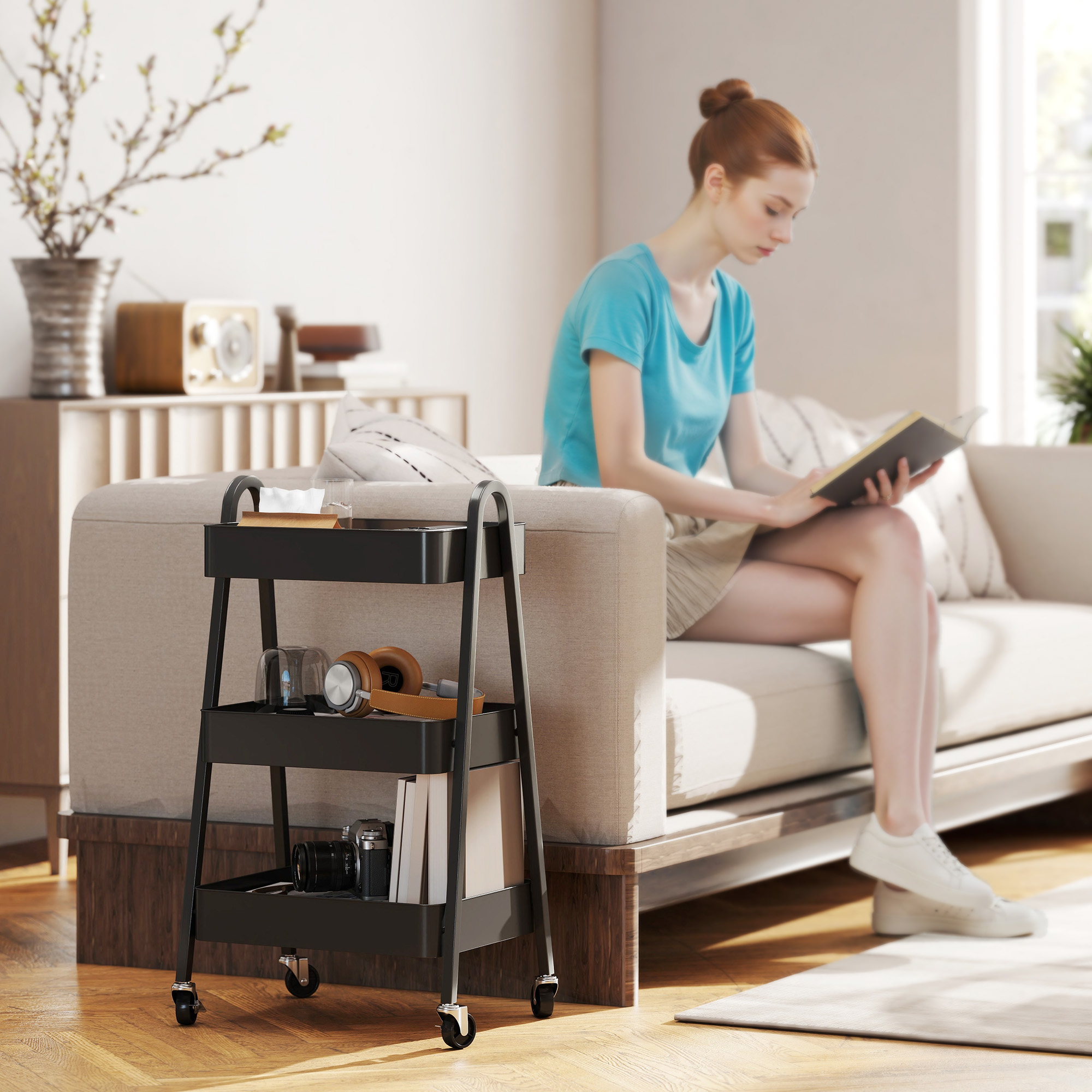 Servierwagen mit 3 Ebenen Küchenwagen mit Rollen Griff Rollwagen mit Bremse für Küche Büro Badezimmer, Schwarz