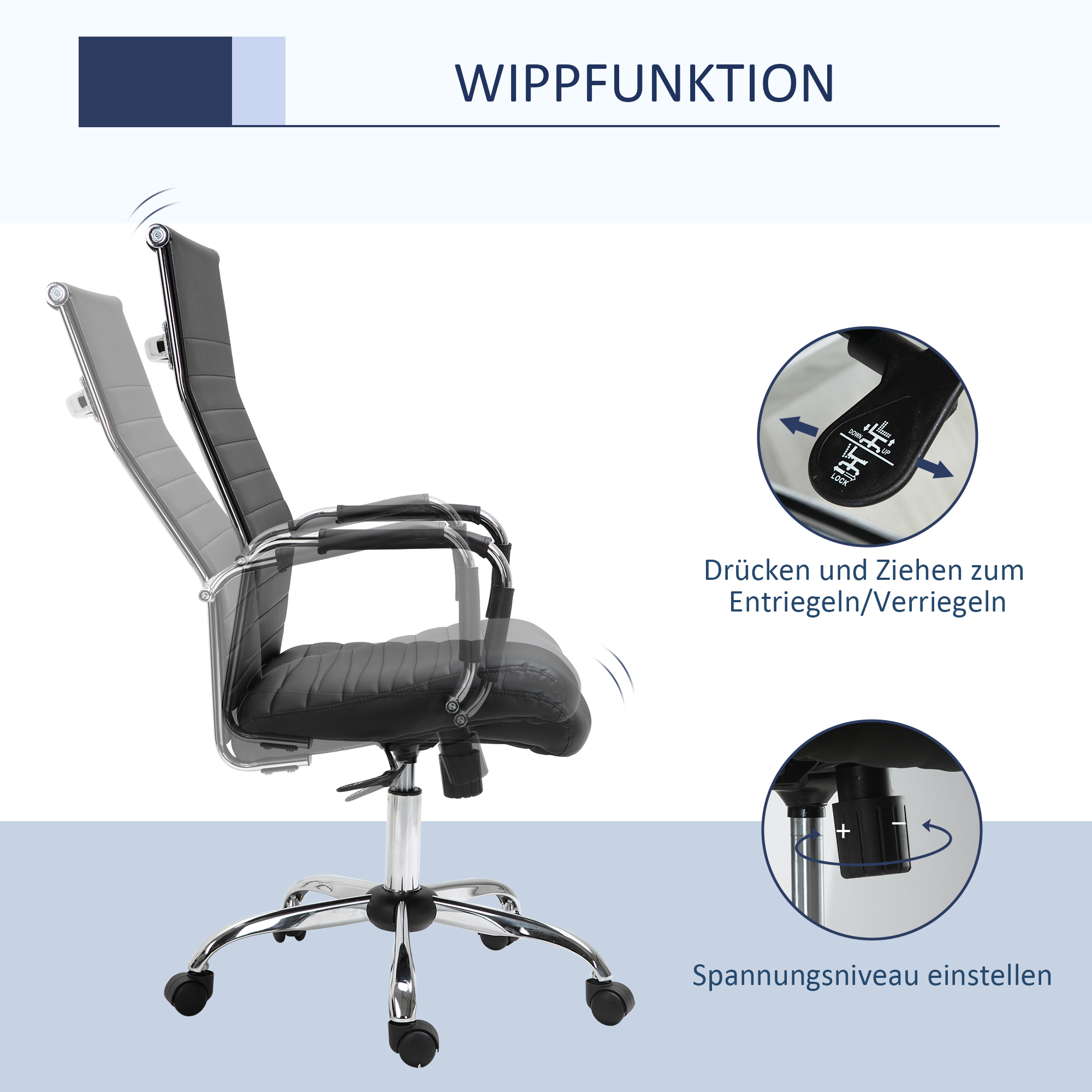 Bürostuhl ergonomischer Schreibtischstuhl mit Wippfunktion Chefsessel höhenverstellbarer Drehstuhl gepolstert Kunstleder Schaumstoff Schwarz 54 x 62 x 104-114 cm