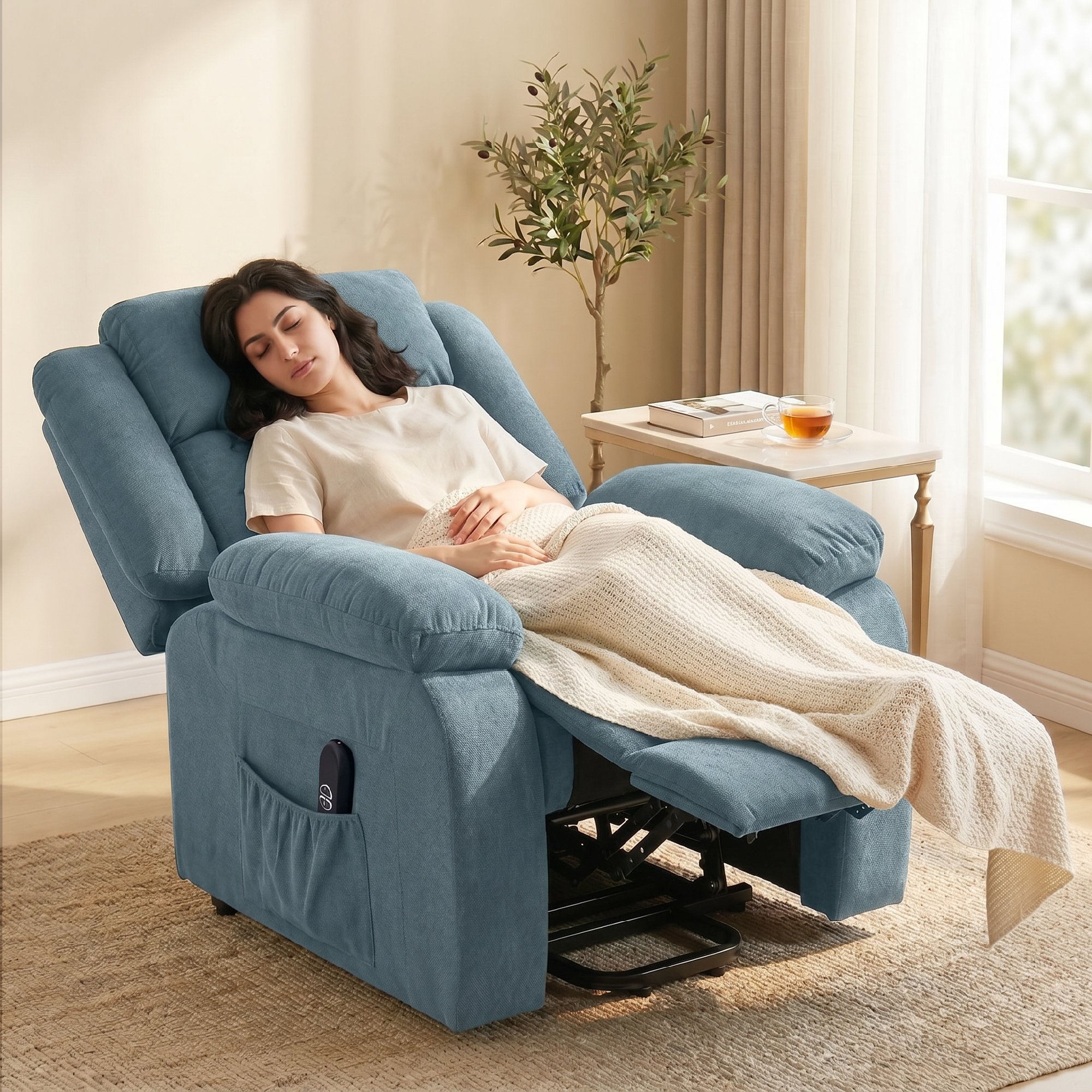 Aufstehsessel mit weichem Bezug, Recliner-Sessel mit Fernbedienung und Seitentaschen, Blau