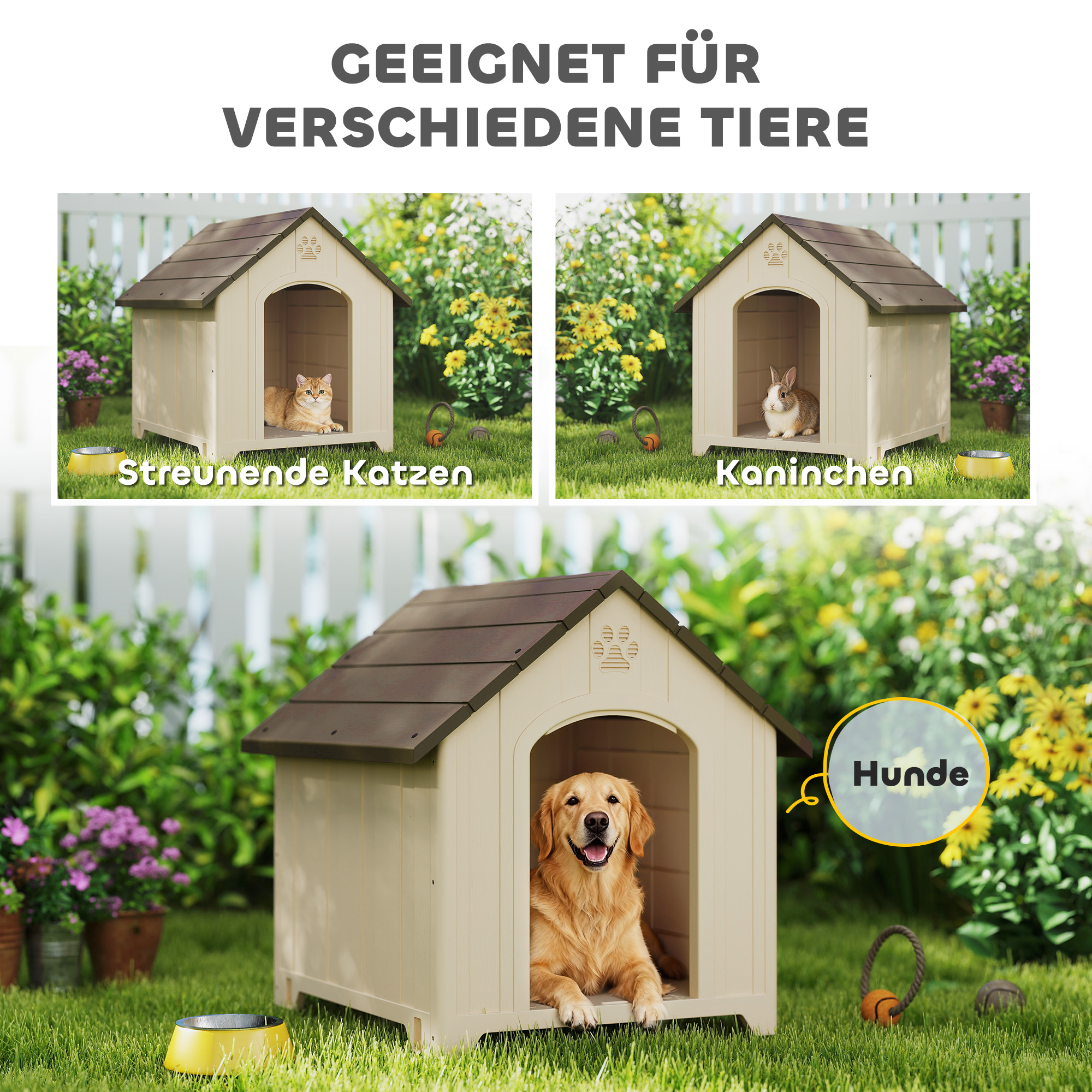 Hundehütte wetterfestes Hundehaus 88 x 79 x 89 cm Erhöhte Hundehöhle mit aufklappbarem Asphaltdach, Bodenankern