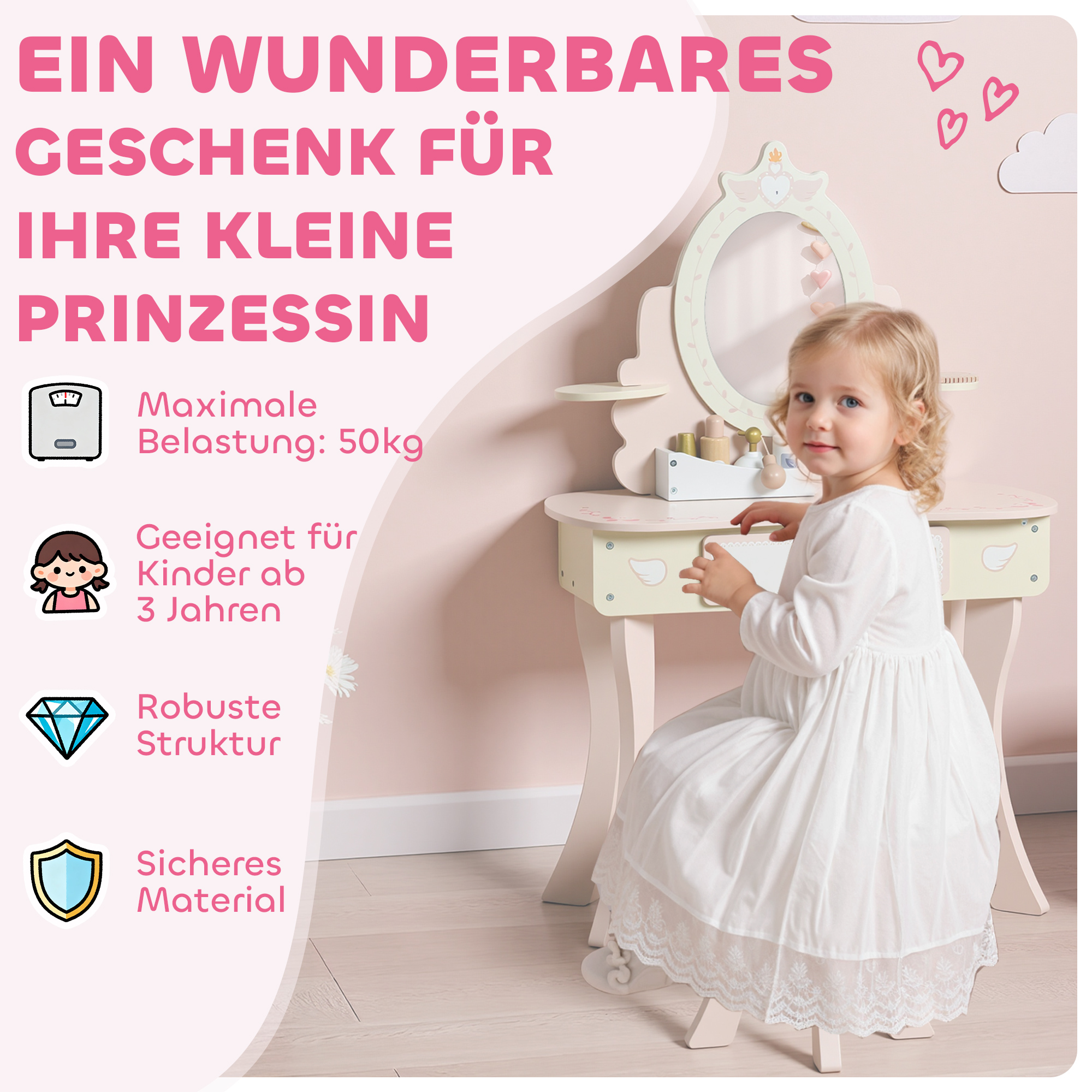 Kinderschminktisch, Stuhl, Schublade, abnehmbarer Spiegel, Kinderschreibtisch mit 7 Zubehörteilen, 2-in-1 Design, MDF, Rosa